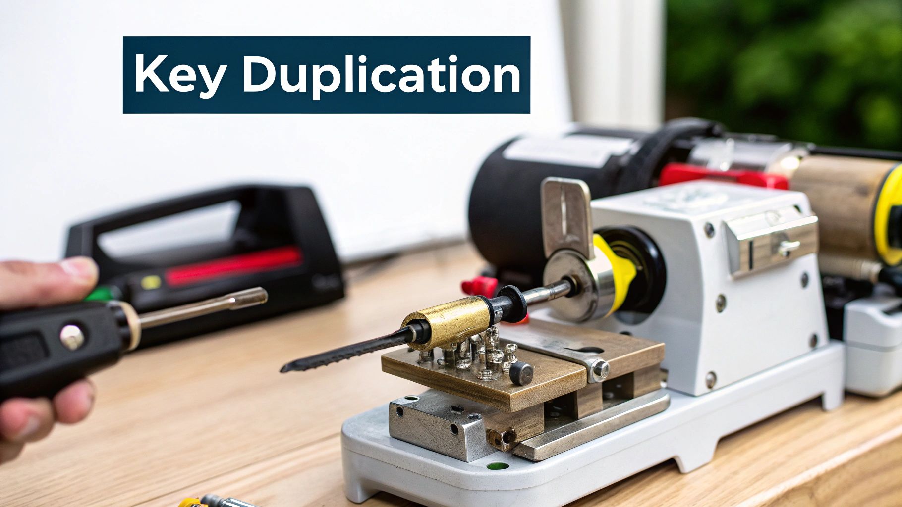 A hand holding a key near a key duplication machine, ready for precise cutting on a wooden table.