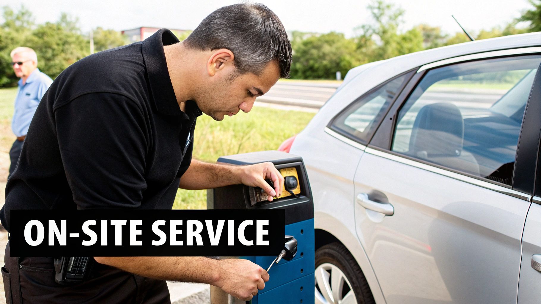 A technician in a black shirt performs on-site service on a machine next to a silver car.