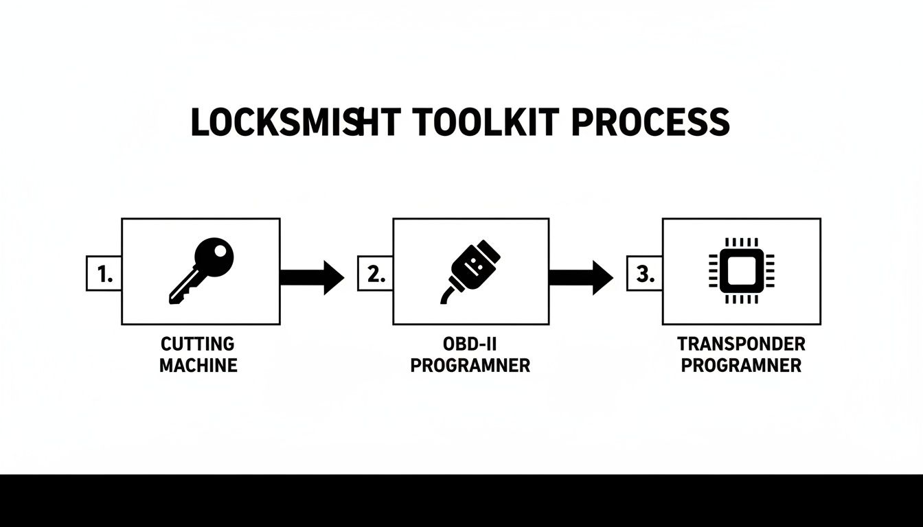 Diagram illustrating the car key programming process using a cutting machine, OBD-II, and transponder programmers.