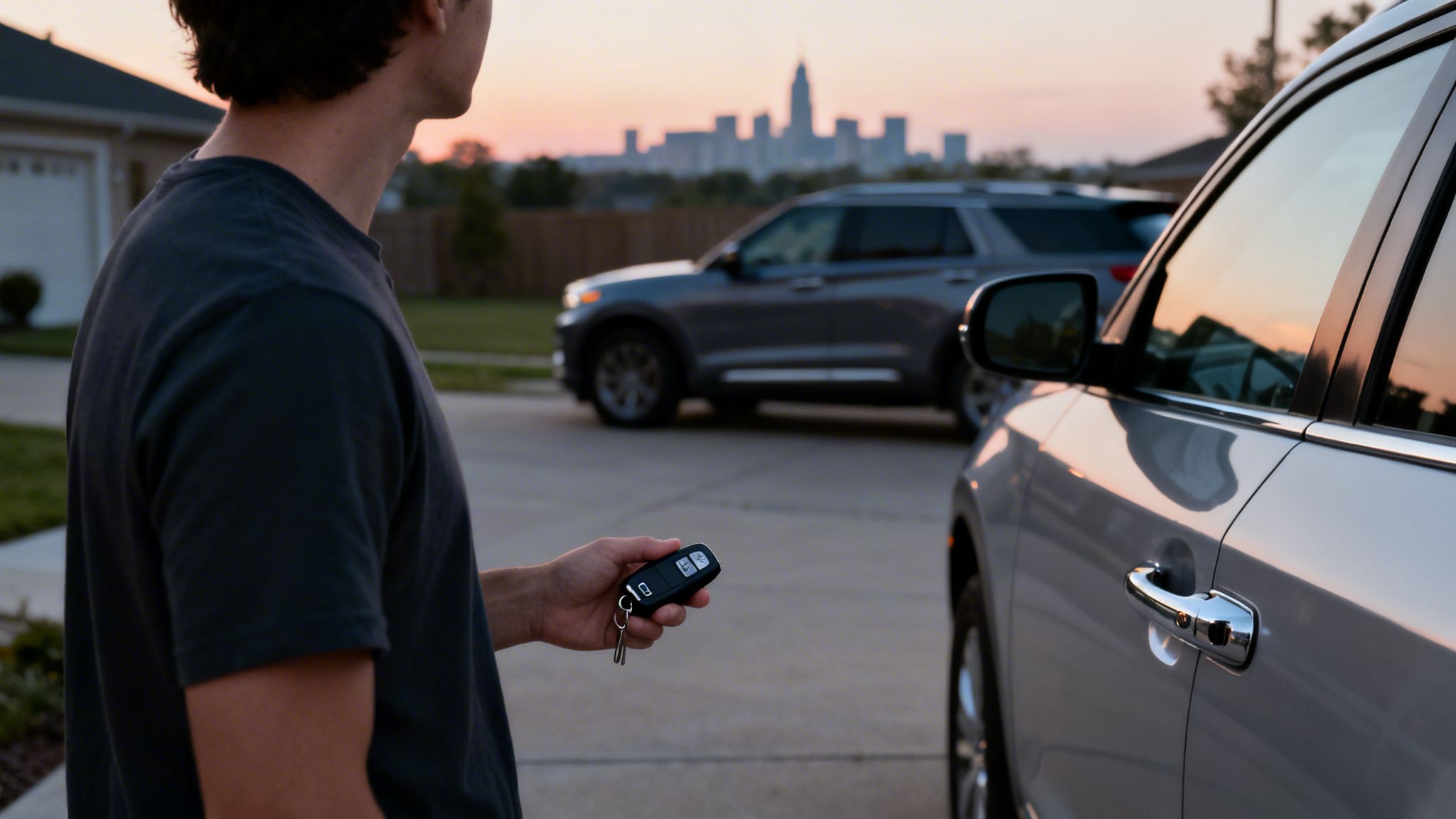 Person holds a car key fob next to a silver SUV at dusk, city skyline in background.