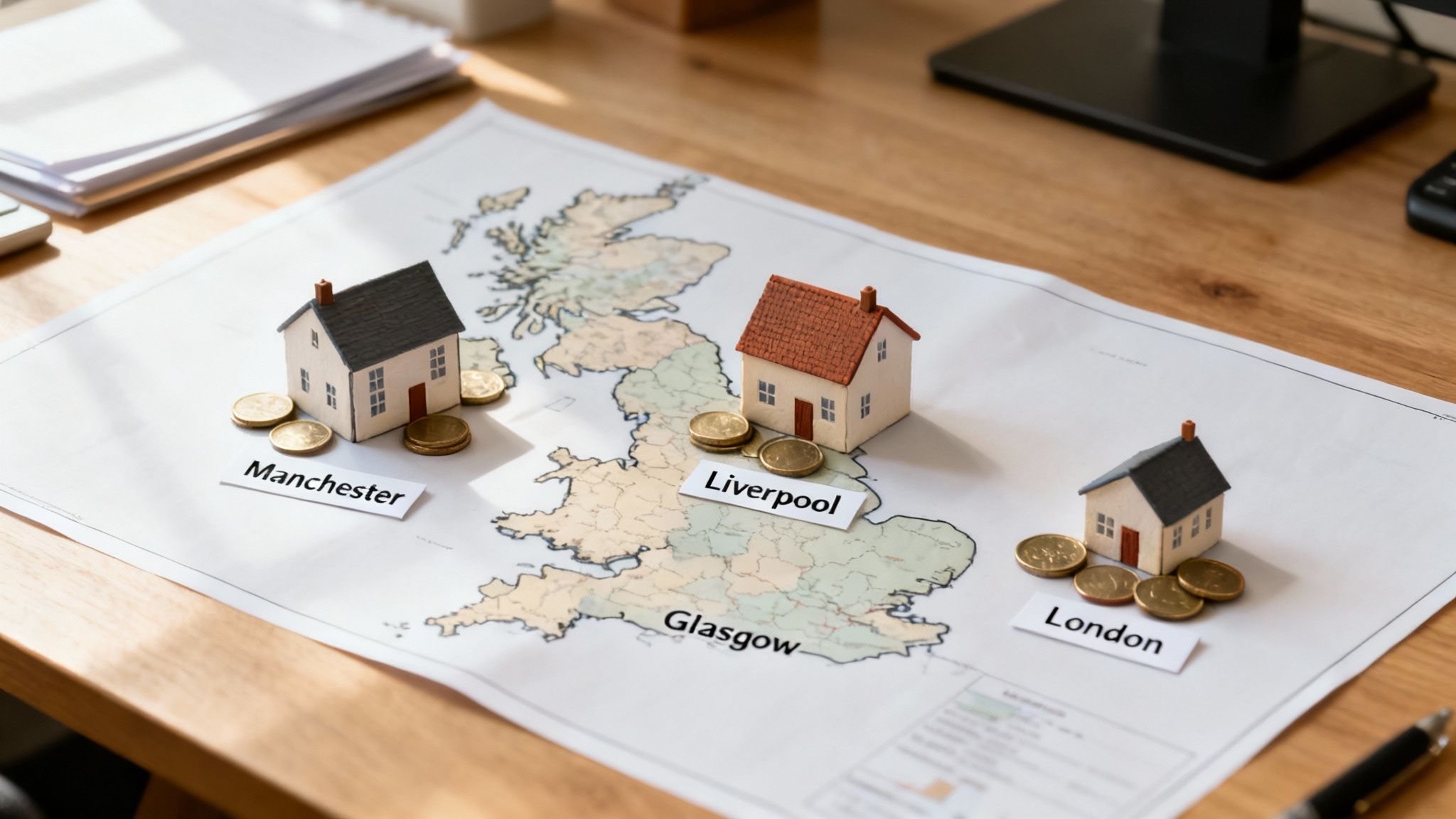 Three miniature houses with coins on a UK map, labeled Manchester, Liverpool, and London, representing property investment.