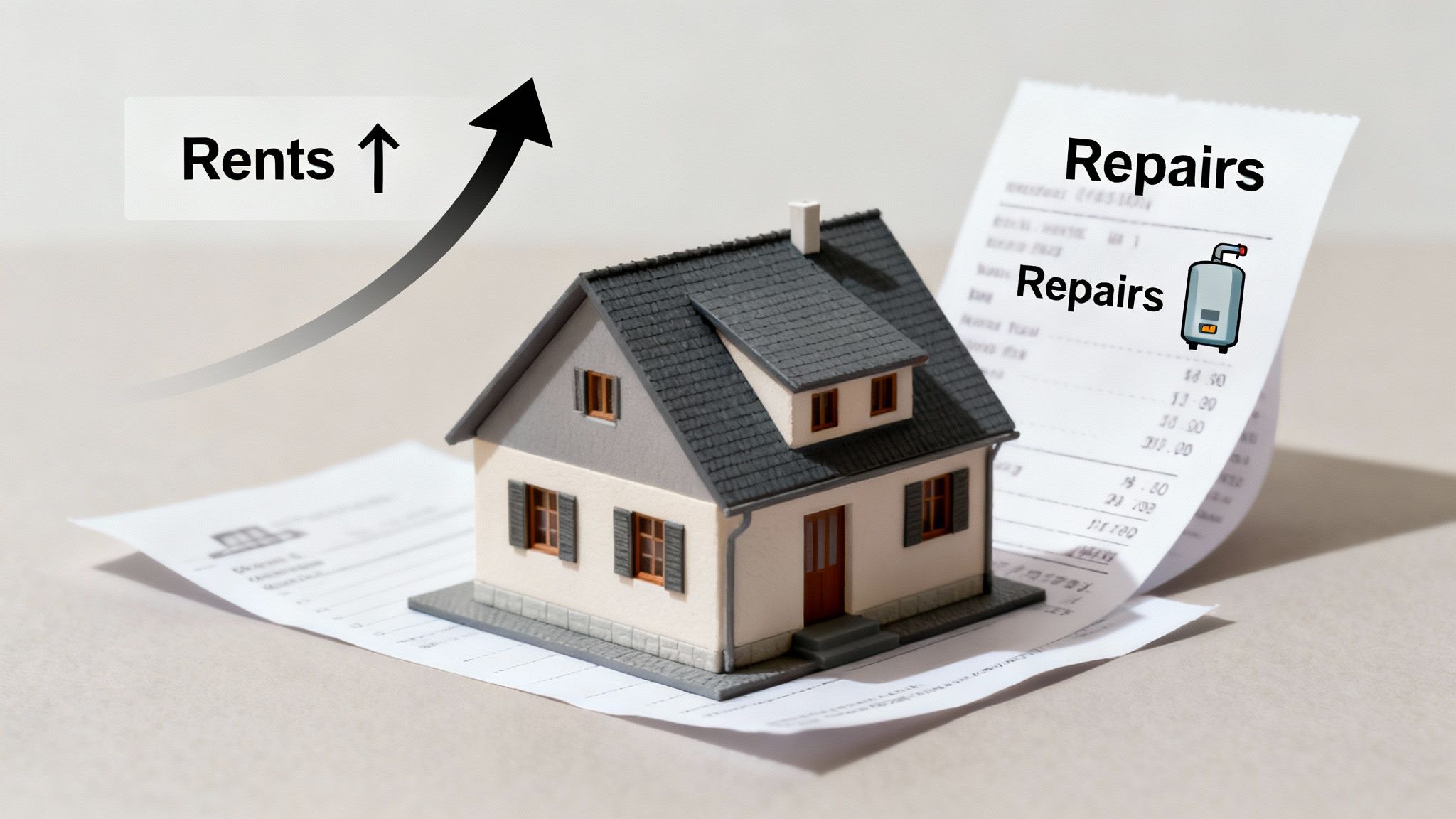 A miniature house on papers with an arrow indicating rising rents and a receipt showing repair costs.