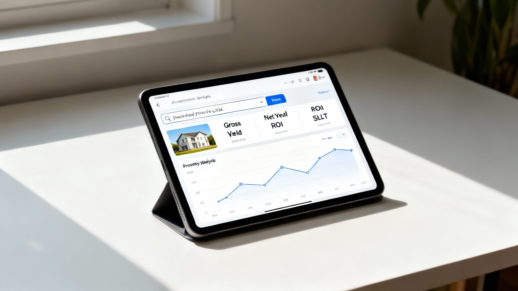 A tablet displays a property analysis app with a house image, financial metrics, and a line graph.