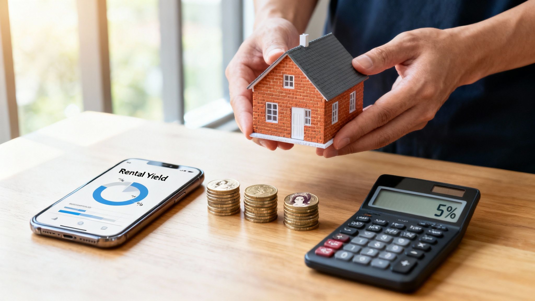 Hands holding a house model, a phone showing 'Rental Yield' app, coins, and a calculator.
