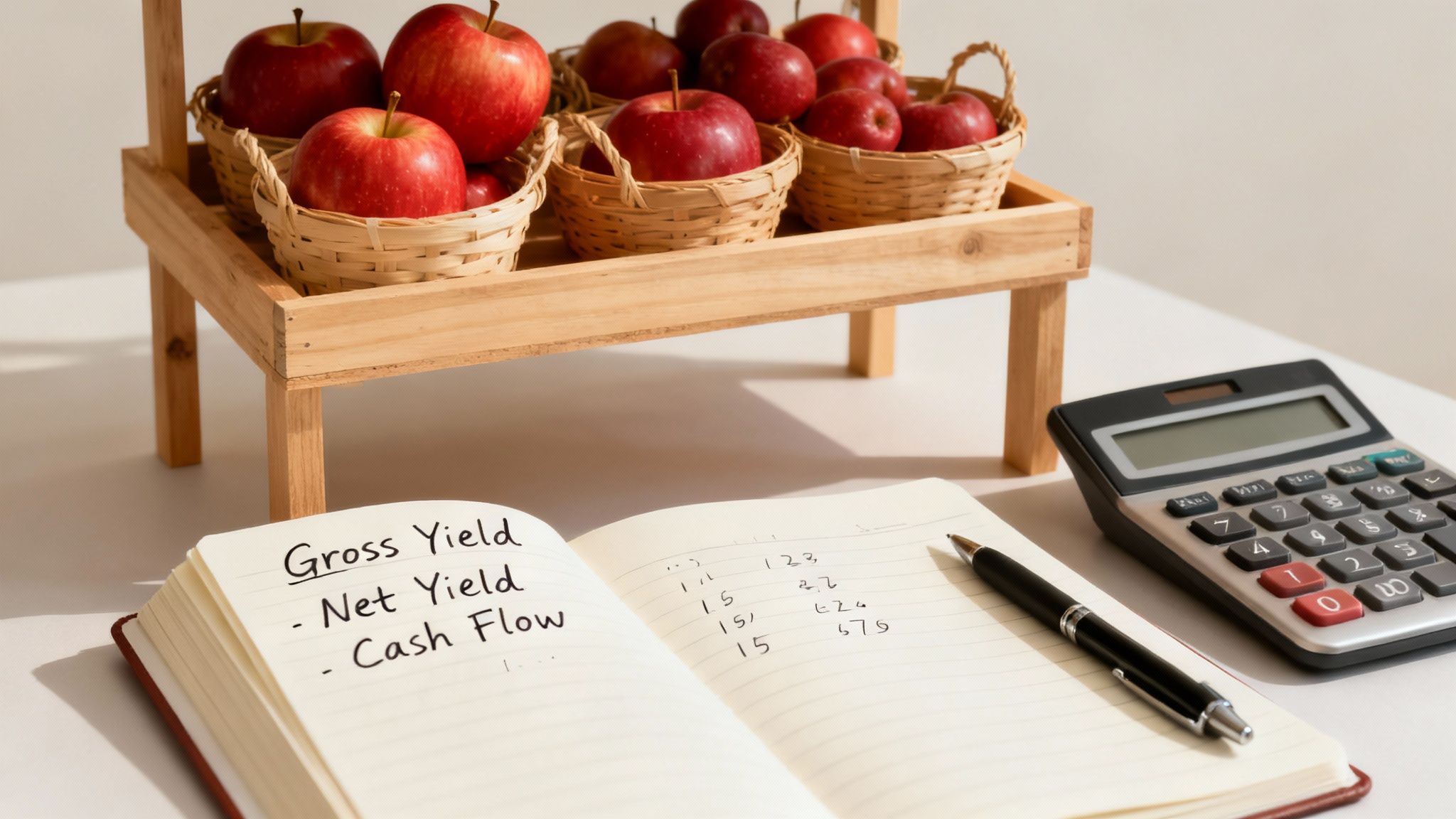 Property investment yield calculation workspace with apples in wooden baskets, financial notebook showing ROI and yield formulas, and a calculator on a desk