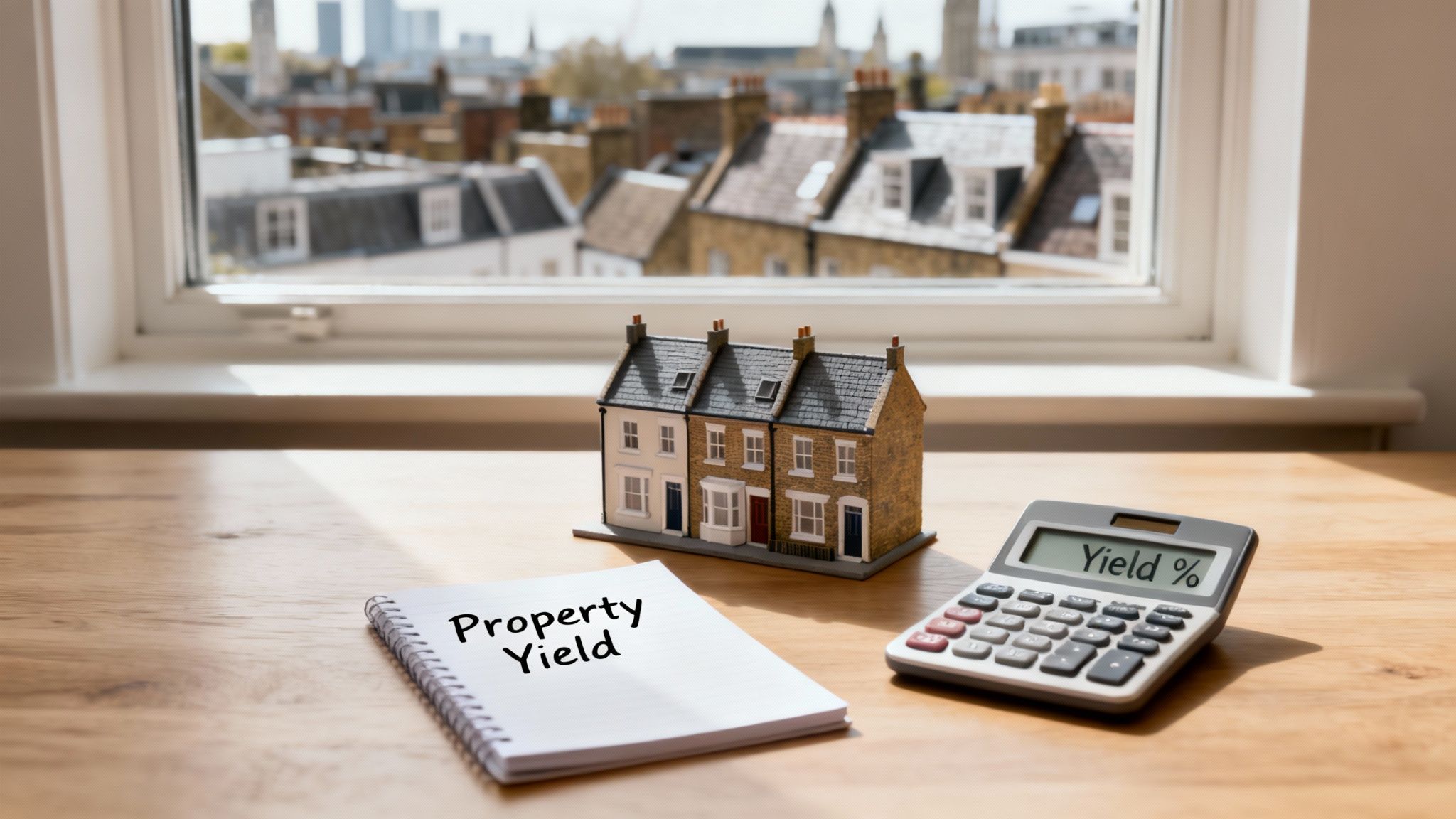A calculator displaying 'Yield %', a notebook with 'Property Yield', and miniature houses on a desk.
