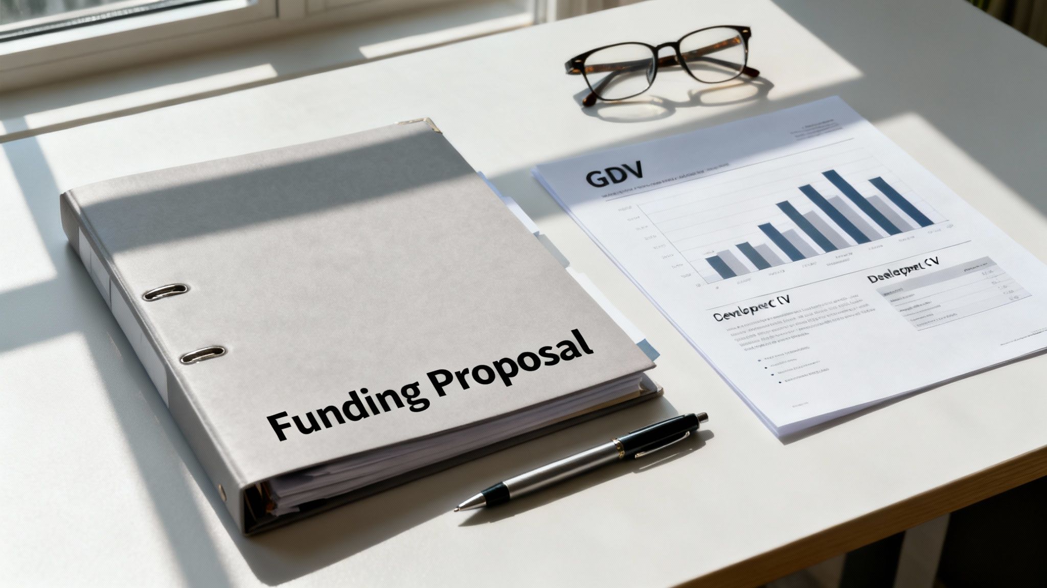 A 'Funding Proposal' binder, pen, glasses, and a financial report on a white desk.