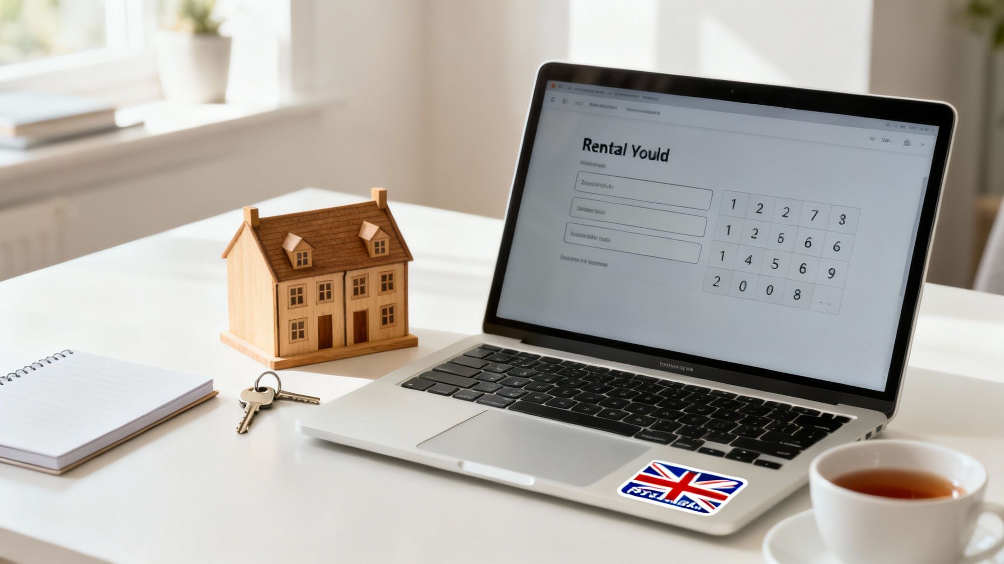 Laptop displaying a rental yield calculator with a model house, keys, and tea on a desk.