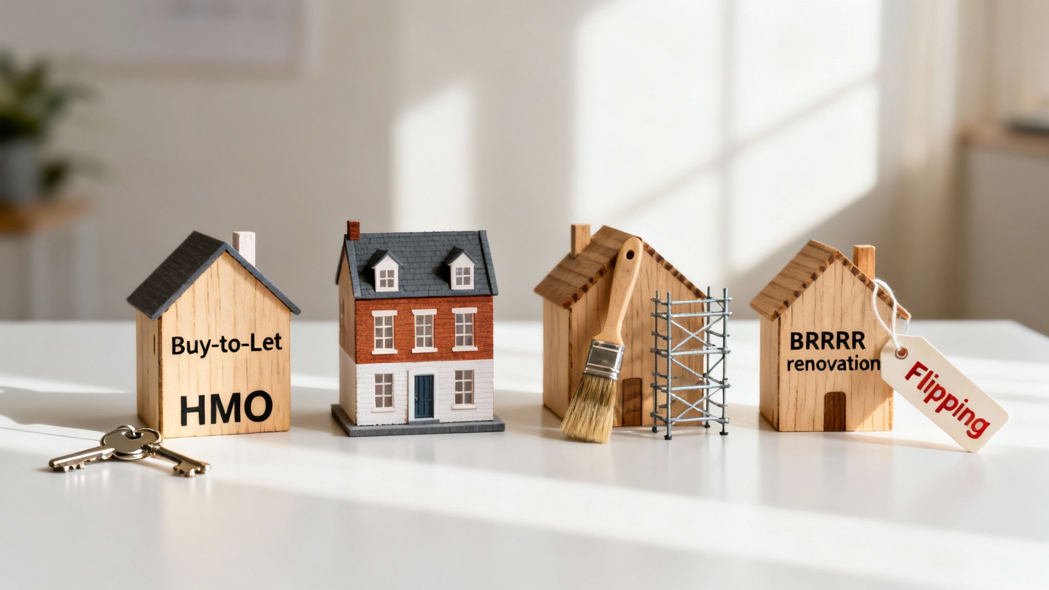 Four miniature wooden houses illustrating various property investment strategies, including buy-to-let, renovation, and flipping.