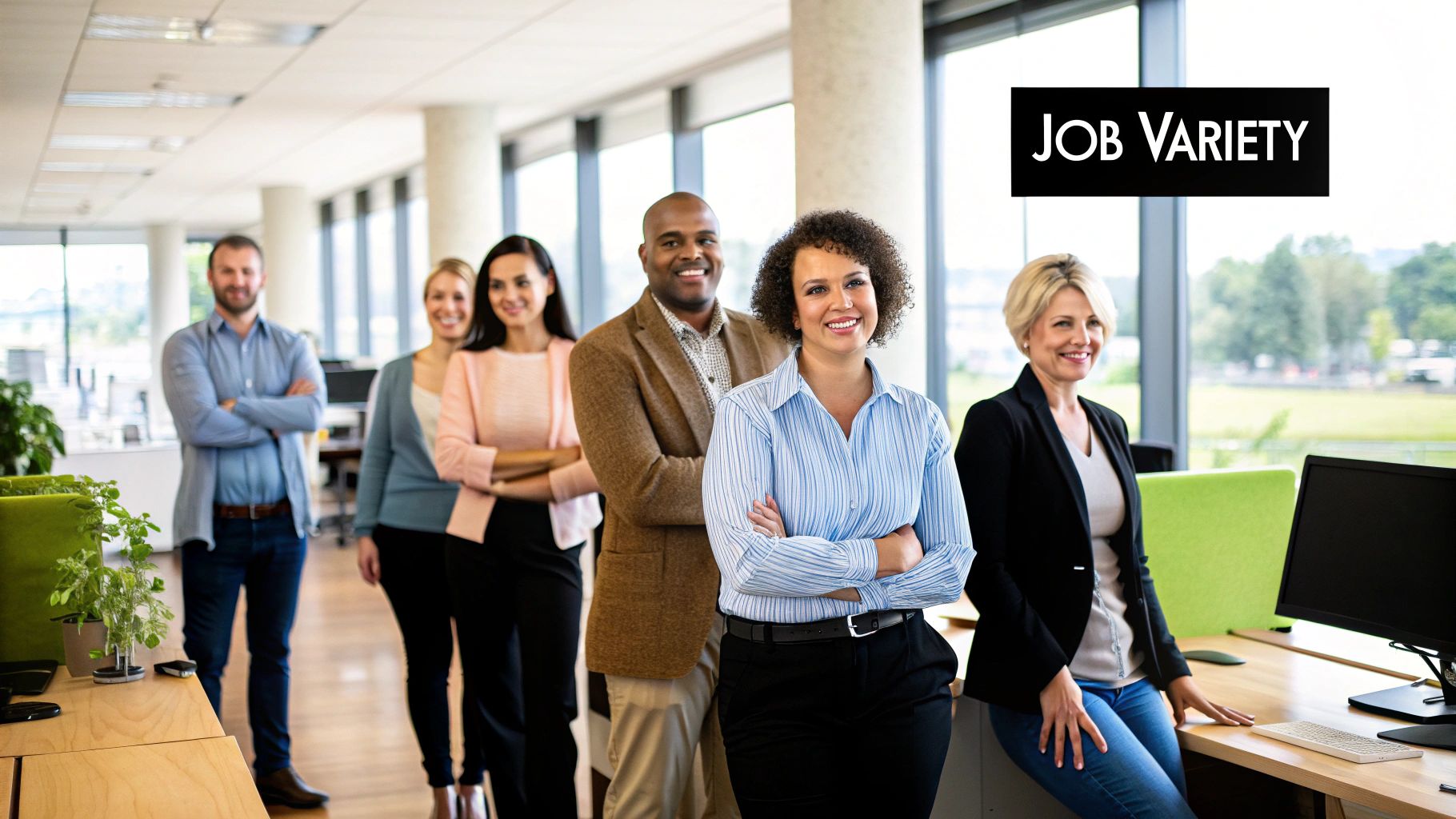 A team of diverse civil servants collaborating in a modern office environment