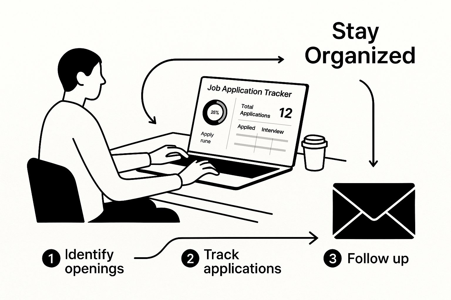 Infographic showing job application tracker best practices with essential fields and tracking methods
