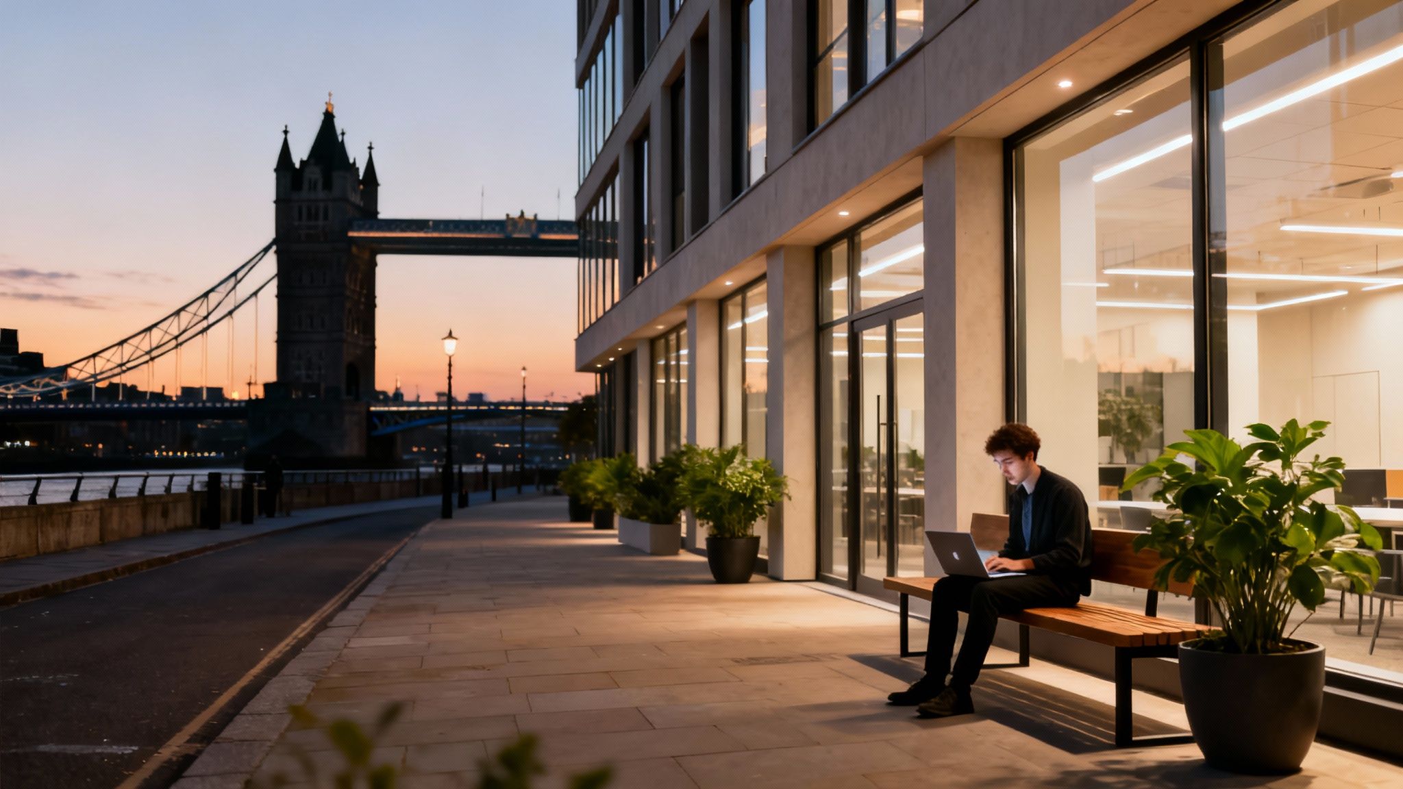 A man works on a laptop on a bench outside a modern building with Tower Bridge in the background at dusk.