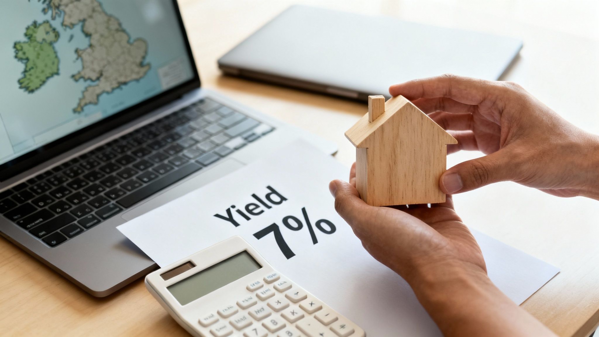 Hands holding a wooden house model with "Yield 7%" paper, a calculator, and laptop showing a map.