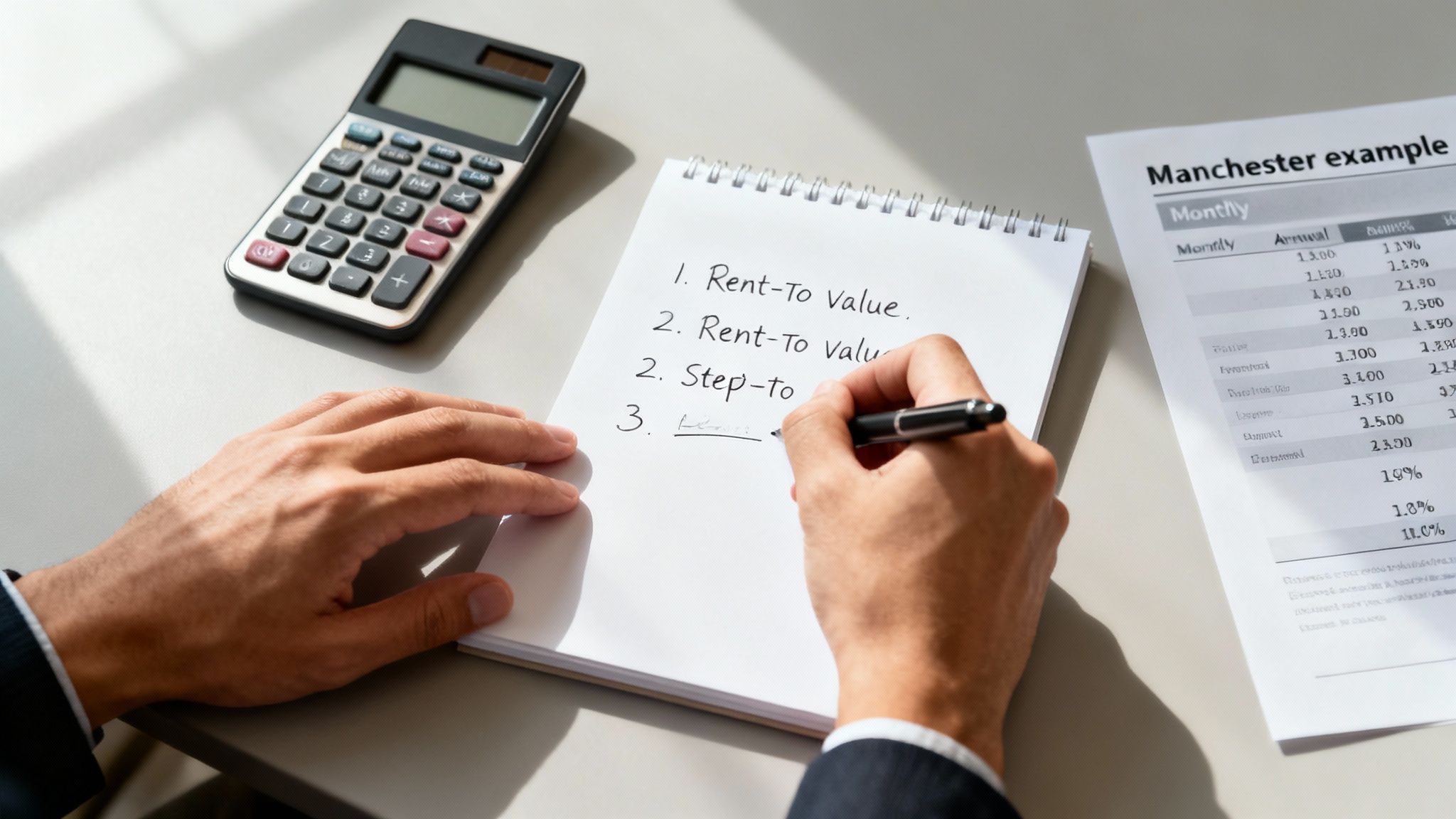 A person calculates figures and writes 'Rent-To Value' in a notebook on a white desk.