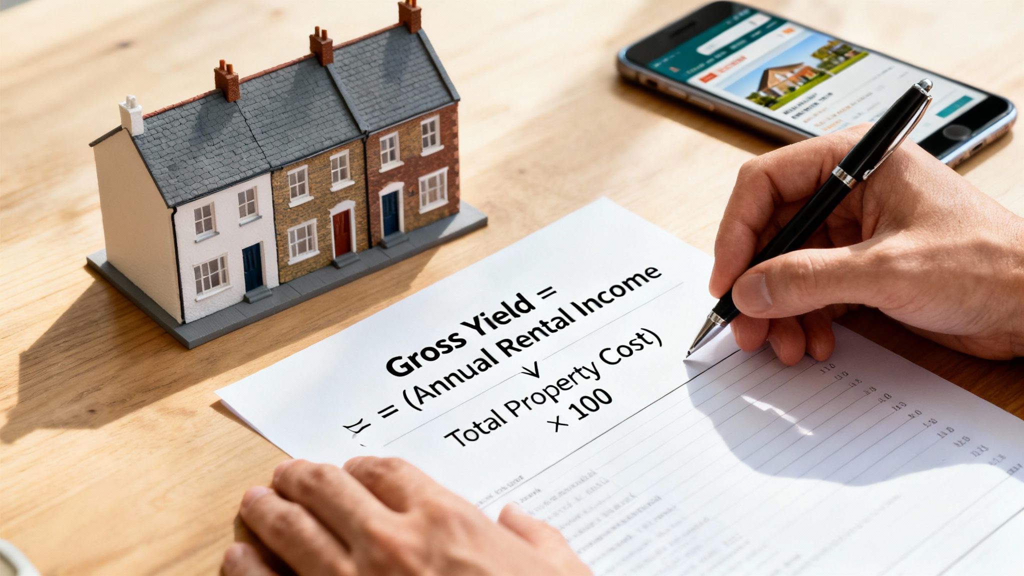 A person calculates gross yield for property investment on paper, next to miniature houses and a smartphone.