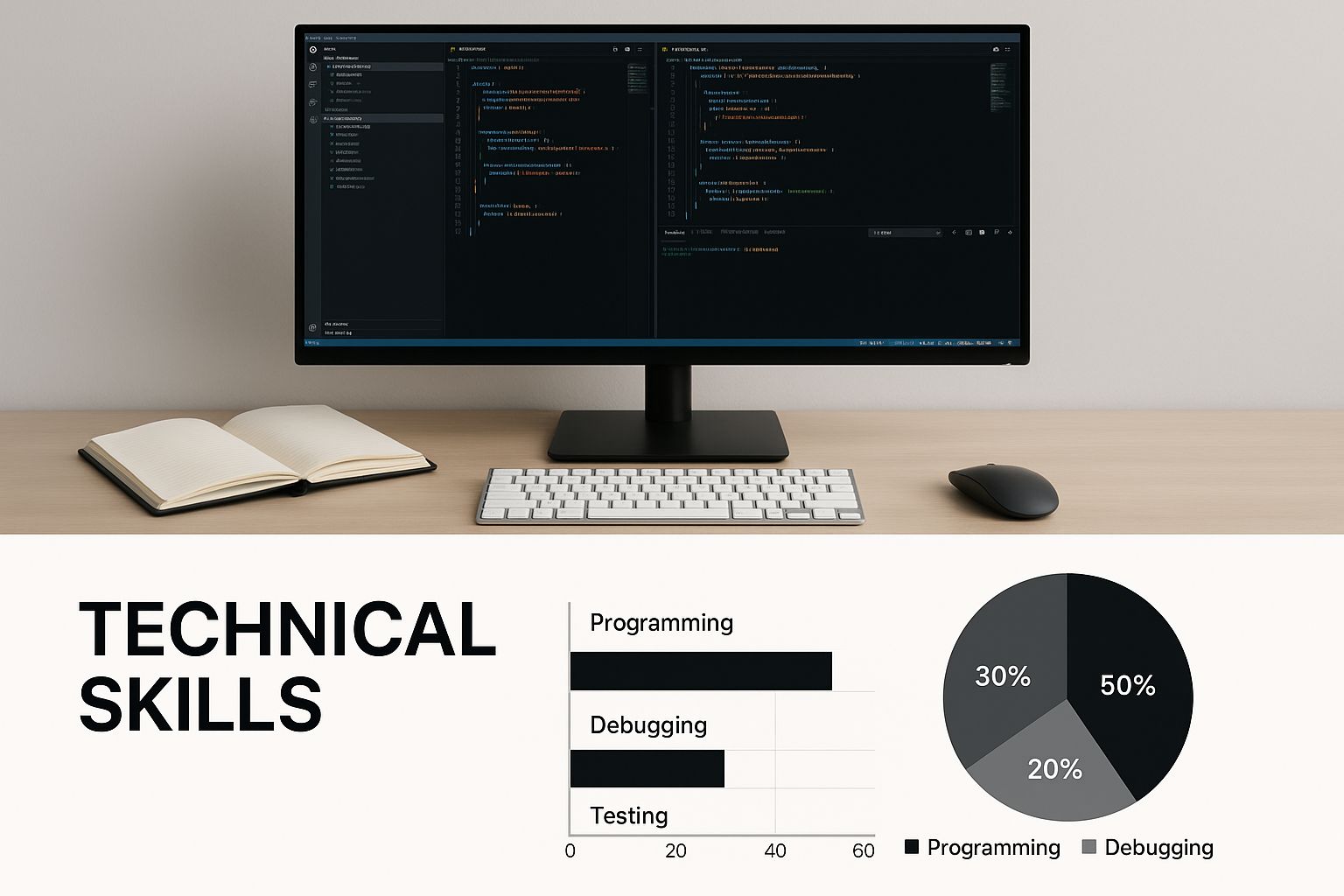 Infographic showing resume software engineer best practices with bullet points and technical skills section layout