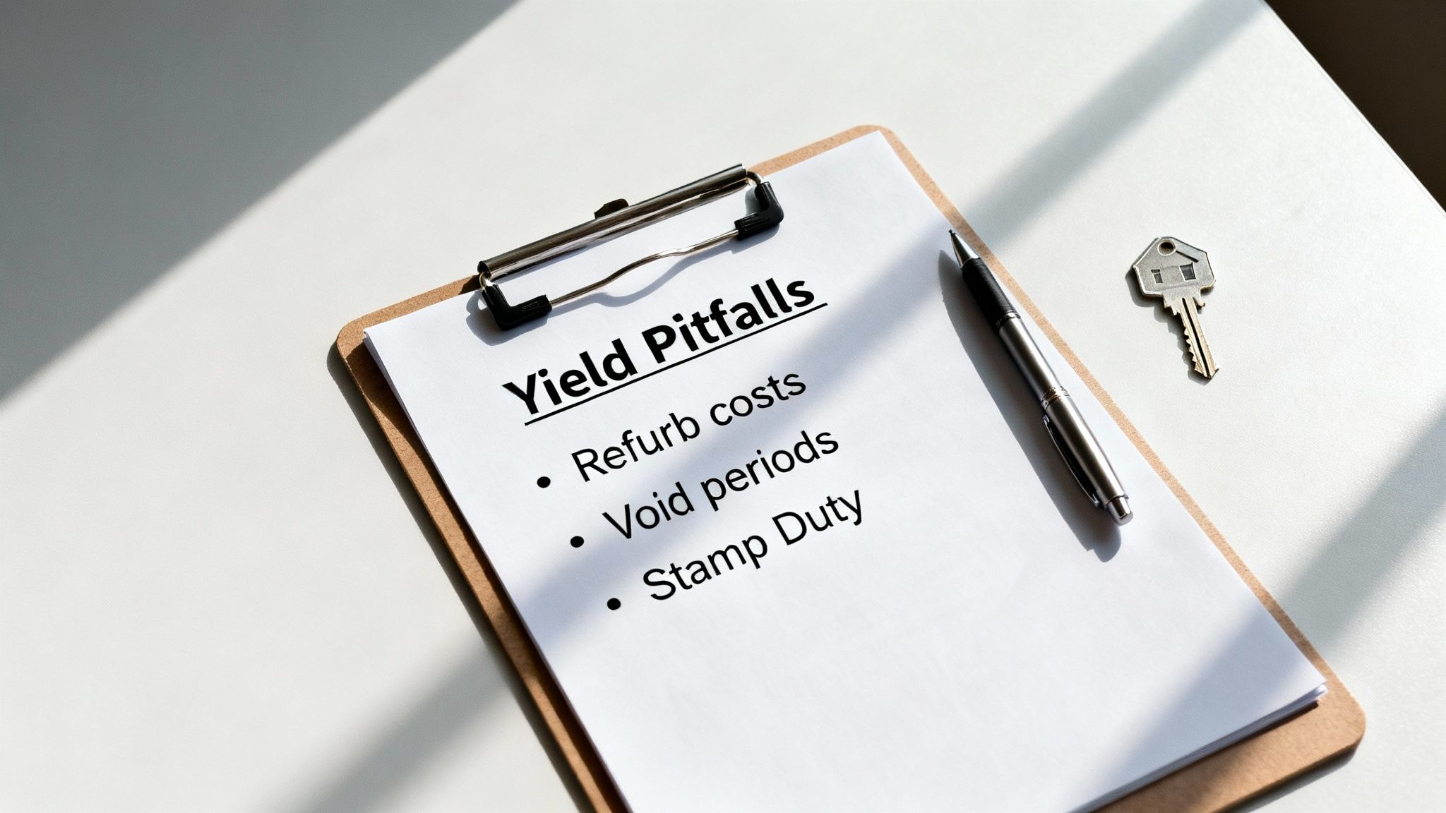 A clipboard lists 'Yield Pitfalls': refurb costs, void periods, and Stamp Duty, alongside a pen and house key.