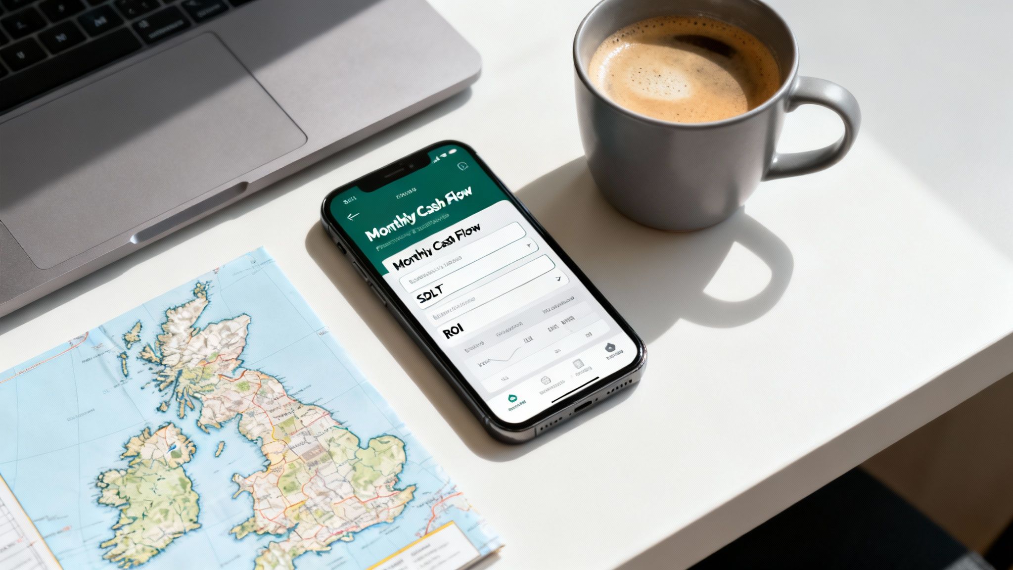 Property investment planning workspace with smartphone displaying DealSheet AI financial app, UK map, laptop, and coffee on a modern desk