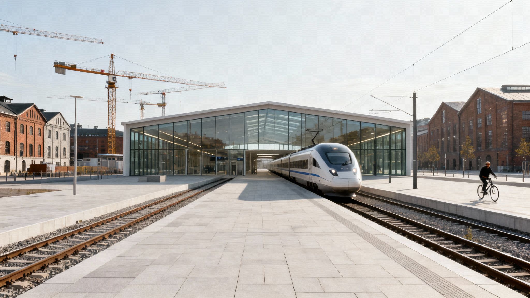 A sleek white high-speed train waits at a modern station platform under a bright sky, flanked by historic brick buildings and construction cranes.
