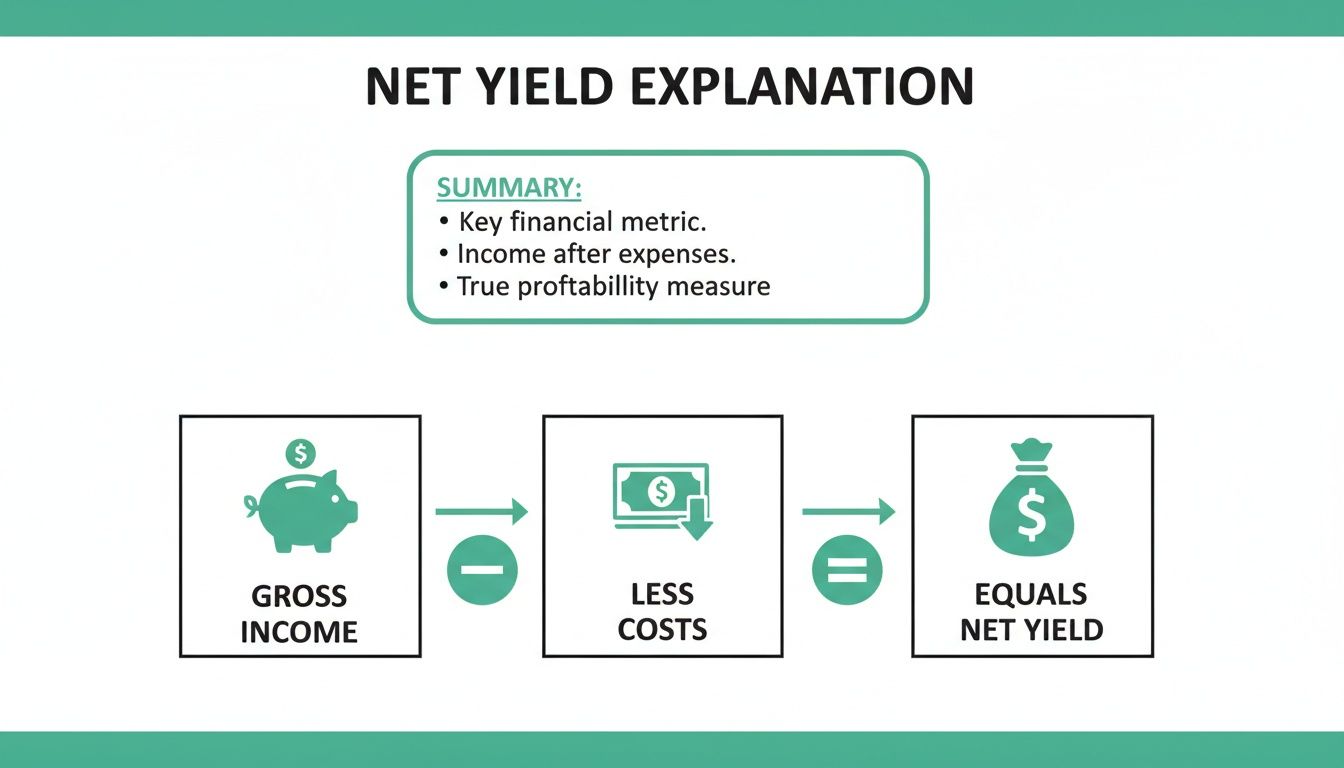 Infographic explaining net yield formula: gross income minus costs, illustrating it's income after expenses.