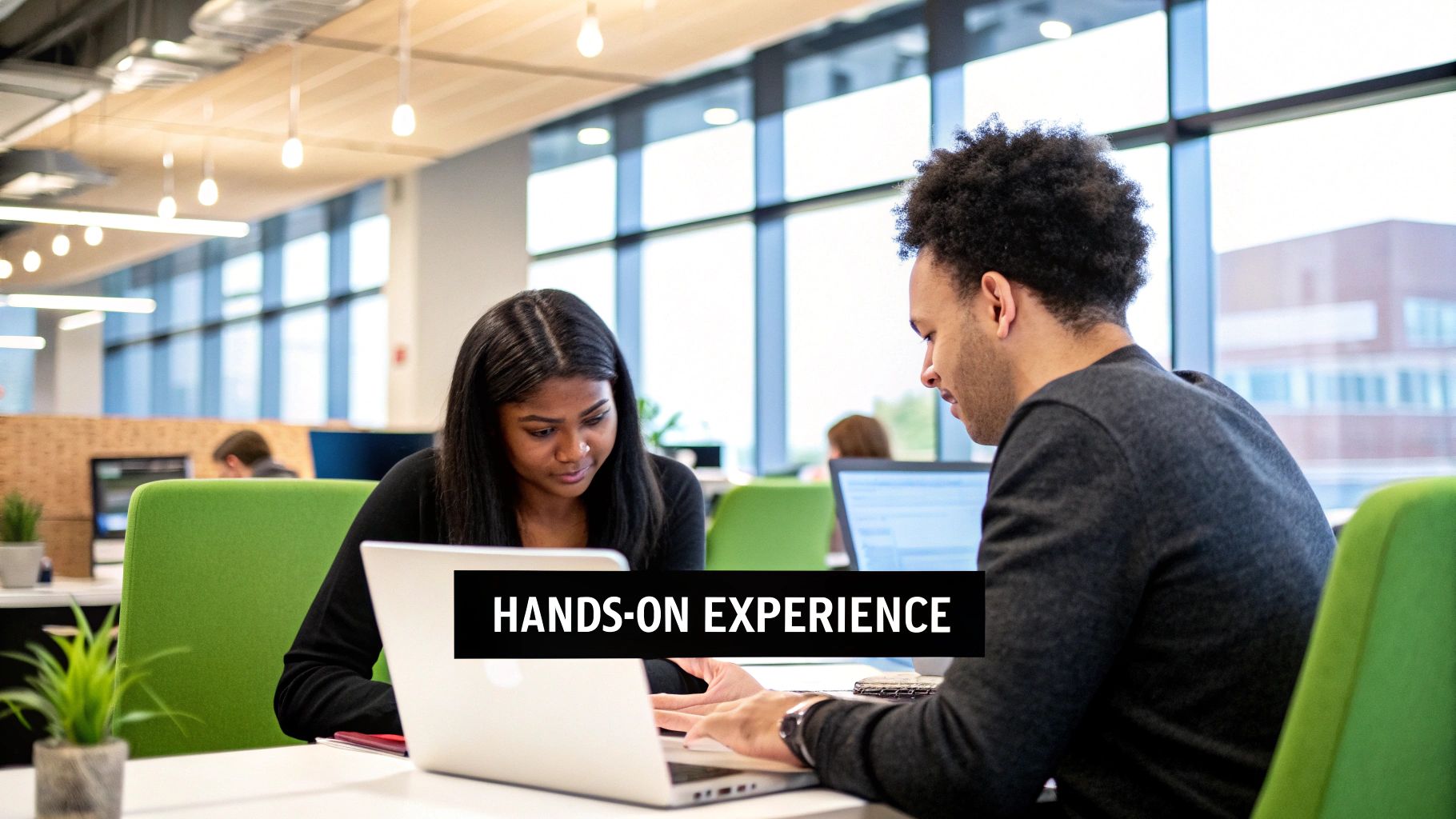 A collage of students working in professional internships and part-time jobs showing diverse work environments