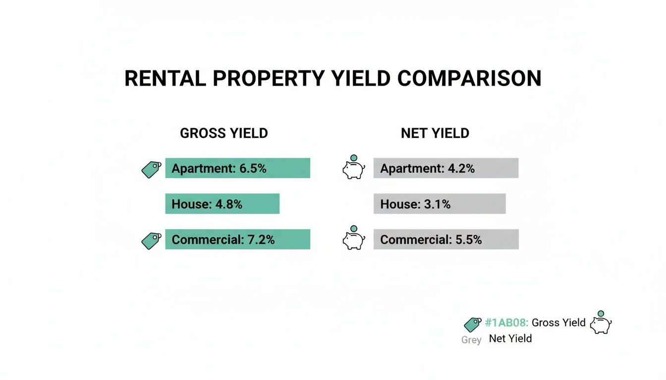 Comparison chart displaying gross and net rental property yields for apartments, houses, and commercial properties.