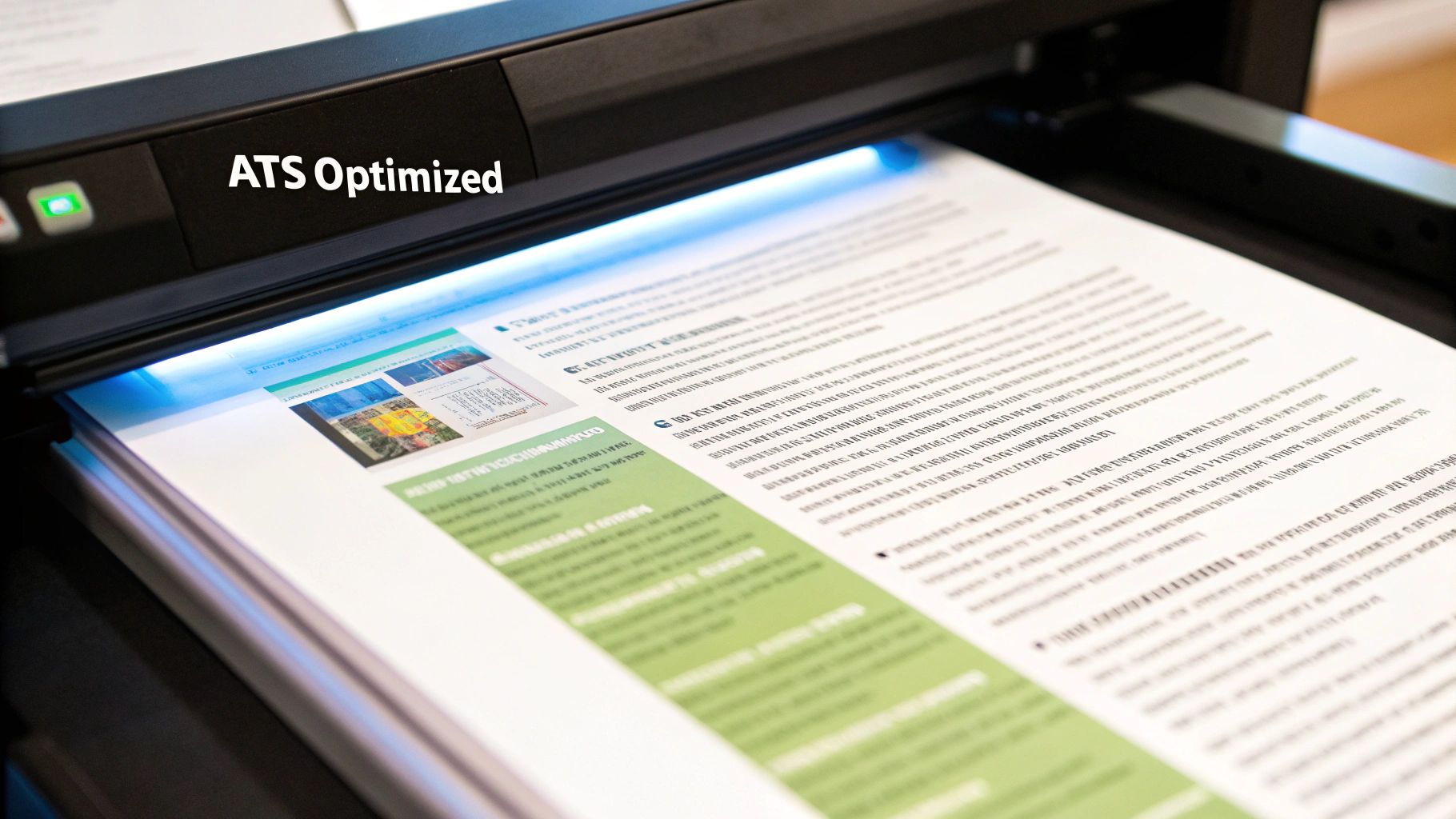 Modern digital illustration of resume document successfully passing through ATS screening system with checkmarks, keywords highlighted, and clean formatting structure