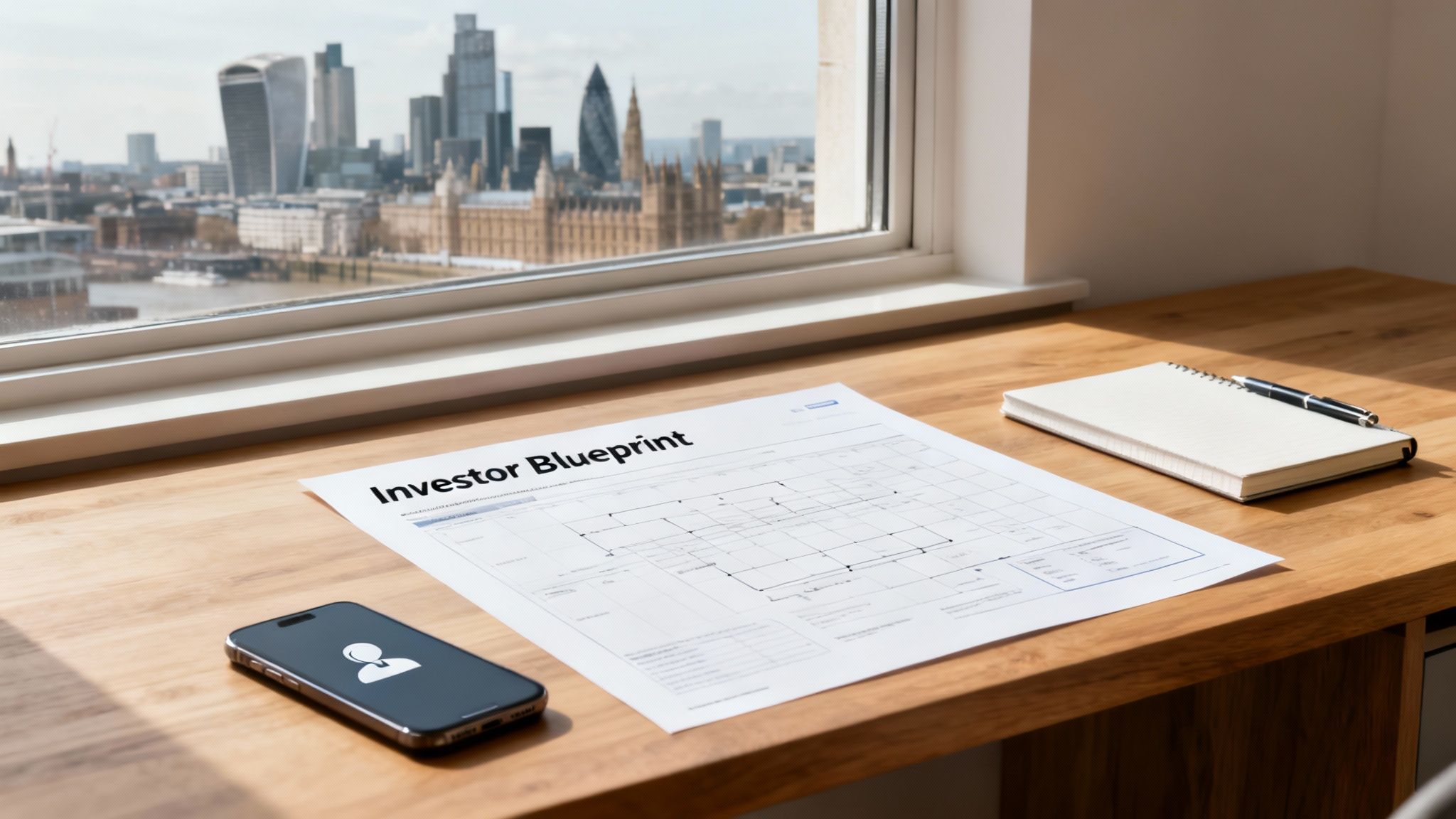 An 'Investor Blueprint' document, smartphone, and notebook on a wooden desk with a London city view.