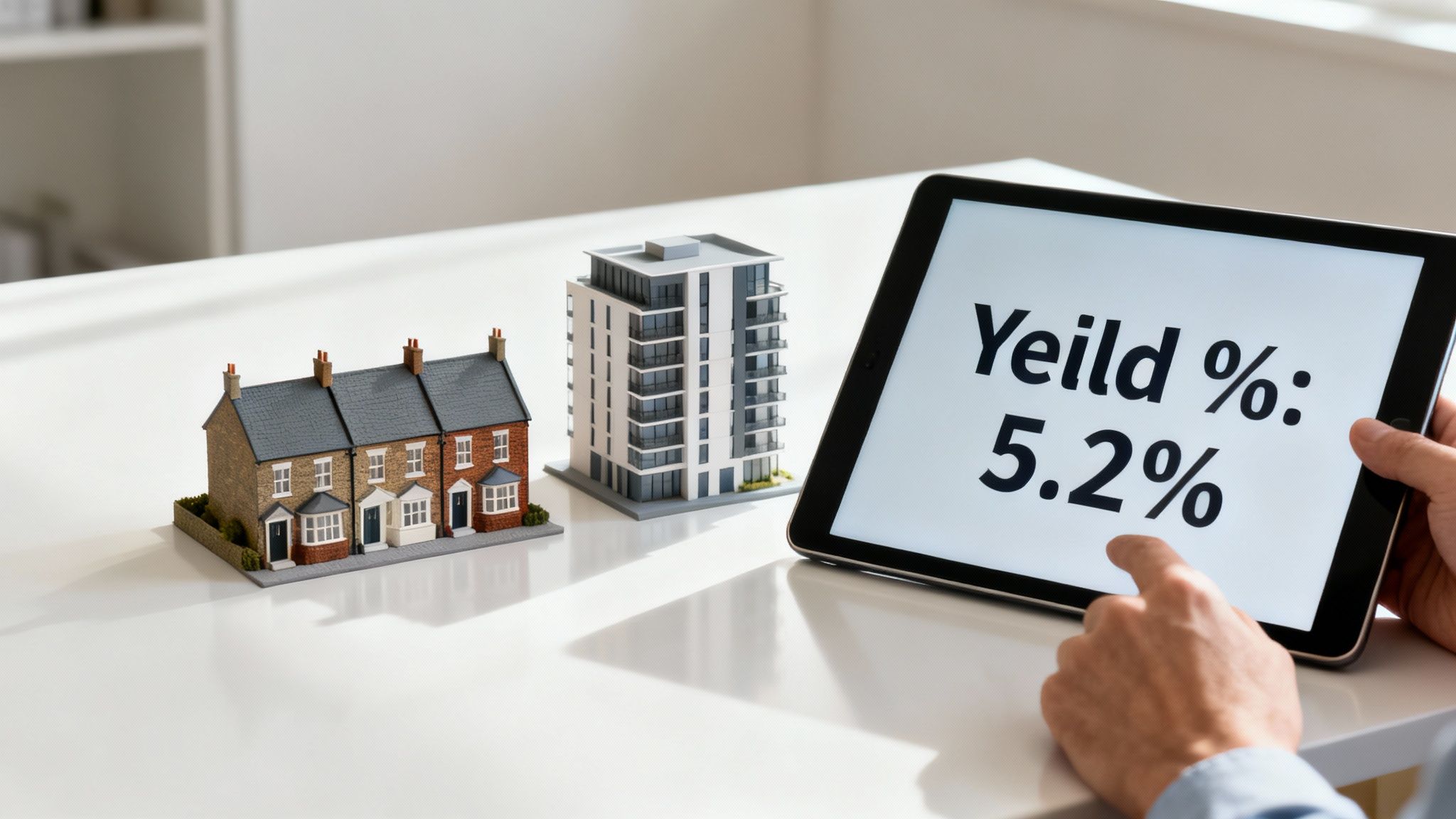Hands hold a tablet showing 'Yield %: 5.2%' next to miniature models of residential properties, indicating real estate investment.