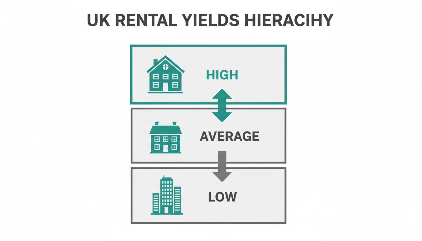 Hierarchy of UK rental yields showing high (large house), average (medium house), and low (building) categories.
