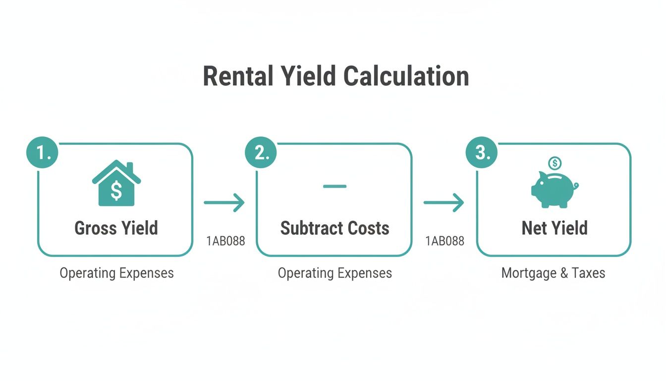 Flowchart illustrating the three-step rental yield calculation process from gross to net yield.