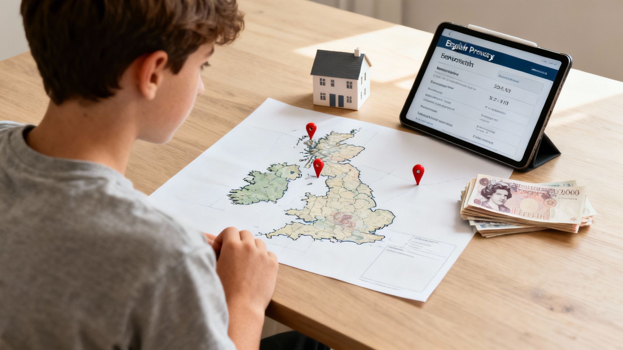 A young investor studies a UK property investment map with house model, tablet, calculator, and British pounds on a wooden desk