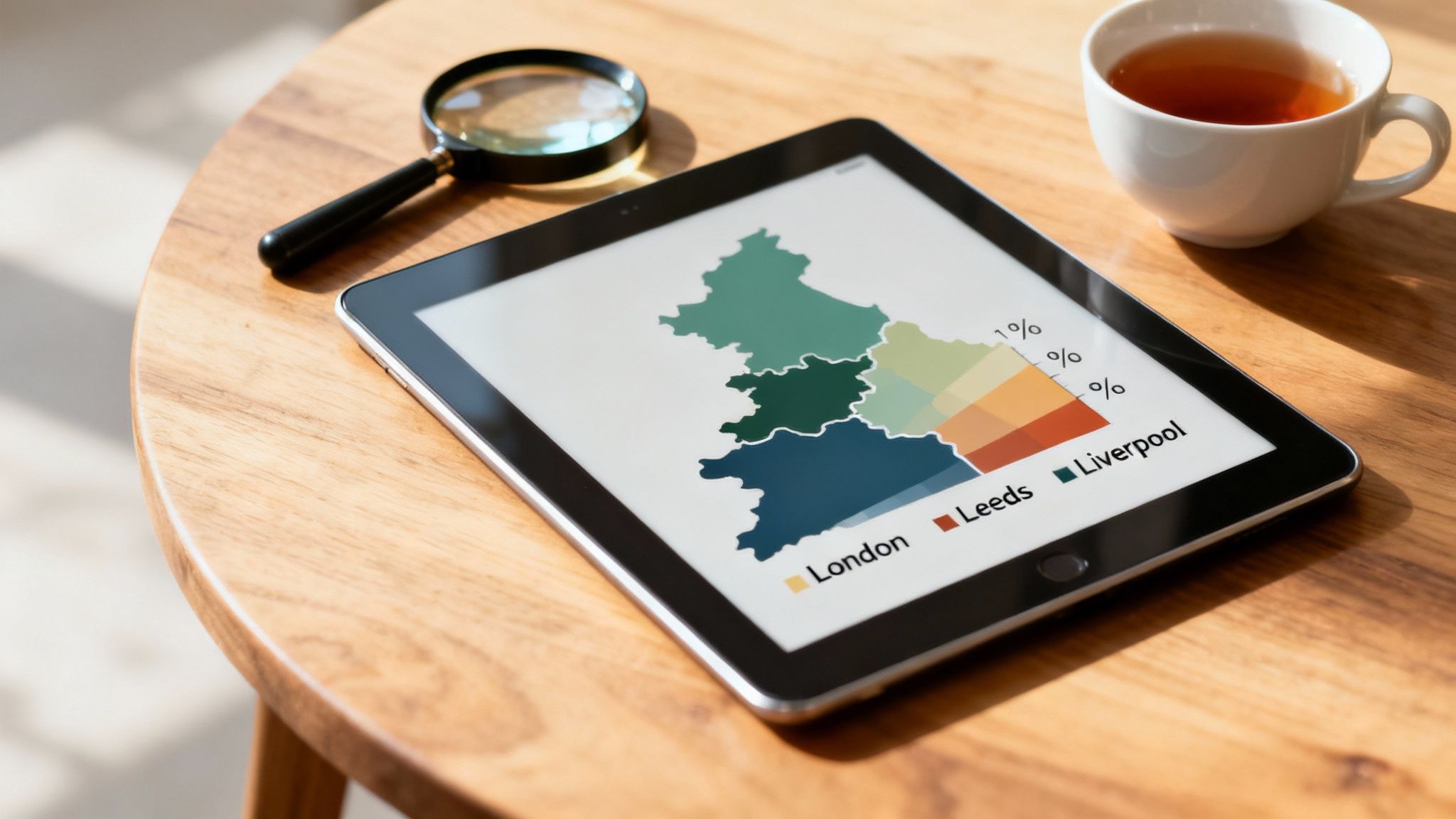 A tablet on a wooden table displays a regional map and percentage chart, ideal for property analysis.