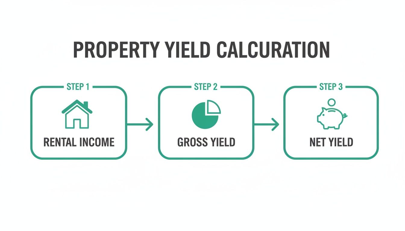Flowchart showing property yield calculation steps: Rental Income, Gross Yield, and Net Yield.