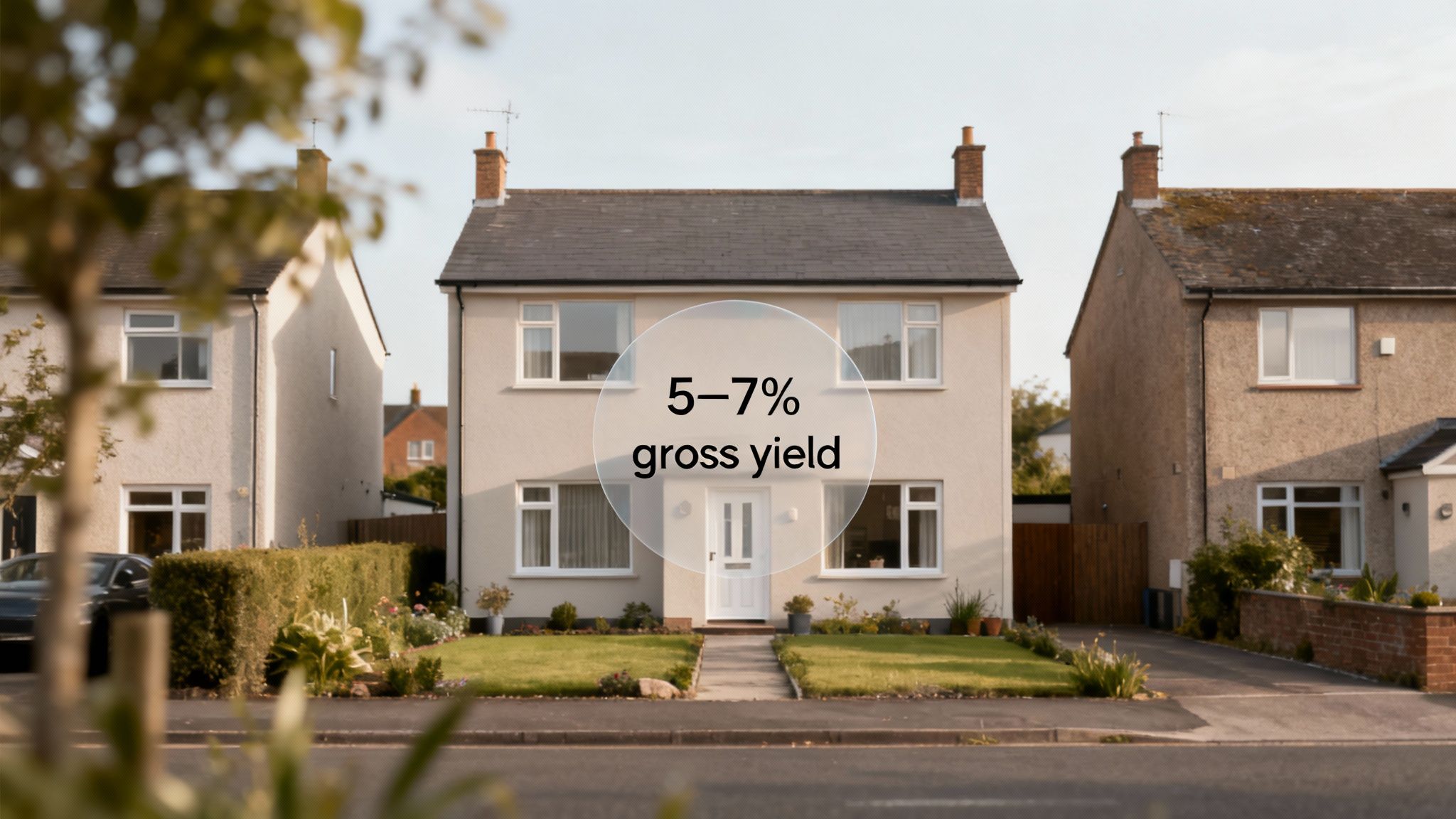 A light-colored detached house with a green lawn and garden, overlaid with '5-7% gross yield'.