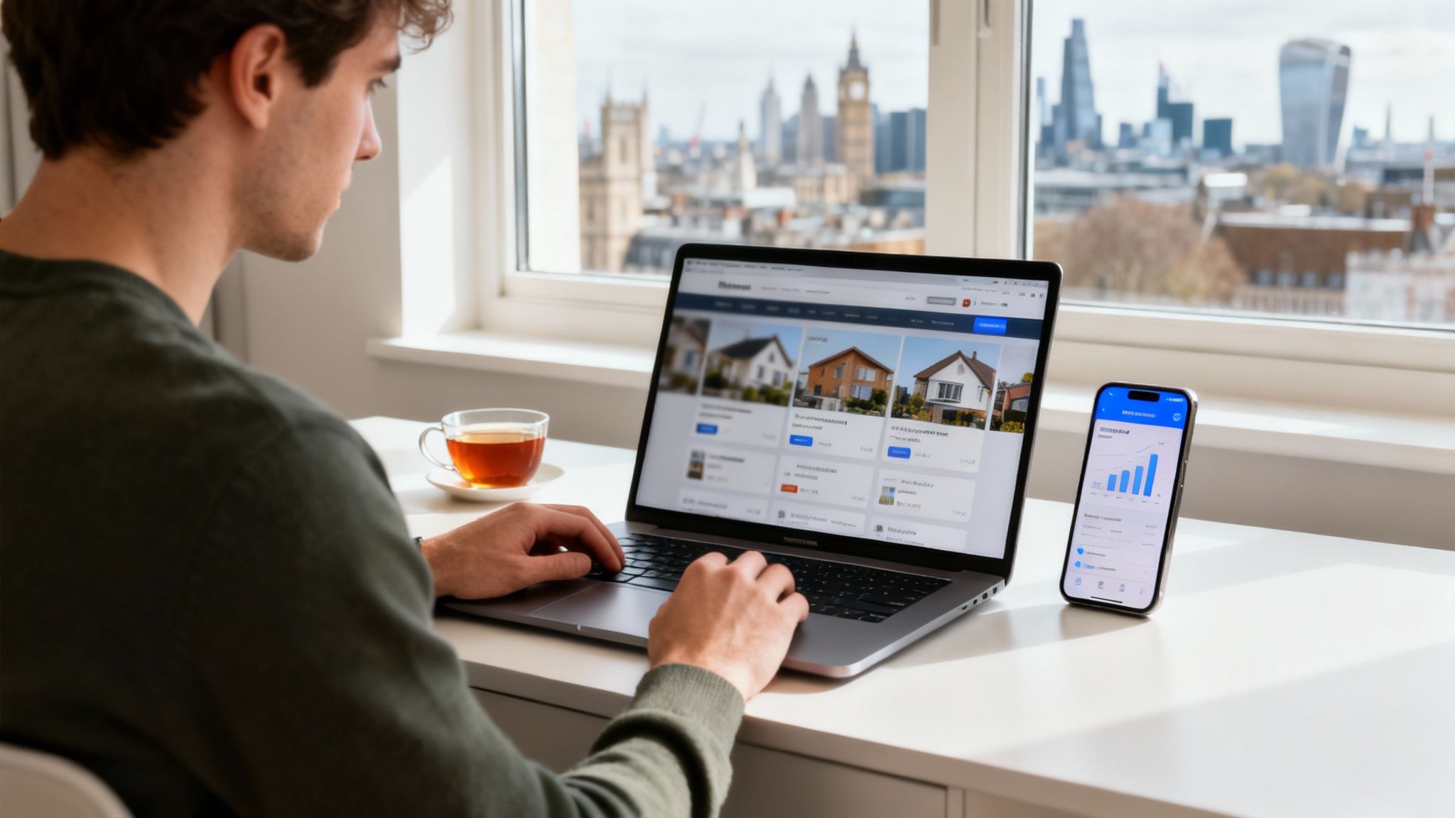 A man researching property investments on a laptop at a home office desk with a city view.