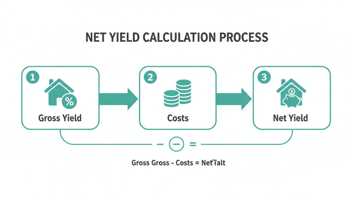 Flowchart illustrating the net yield calculation process: Gross Yield minus Costs equals Net Yield.