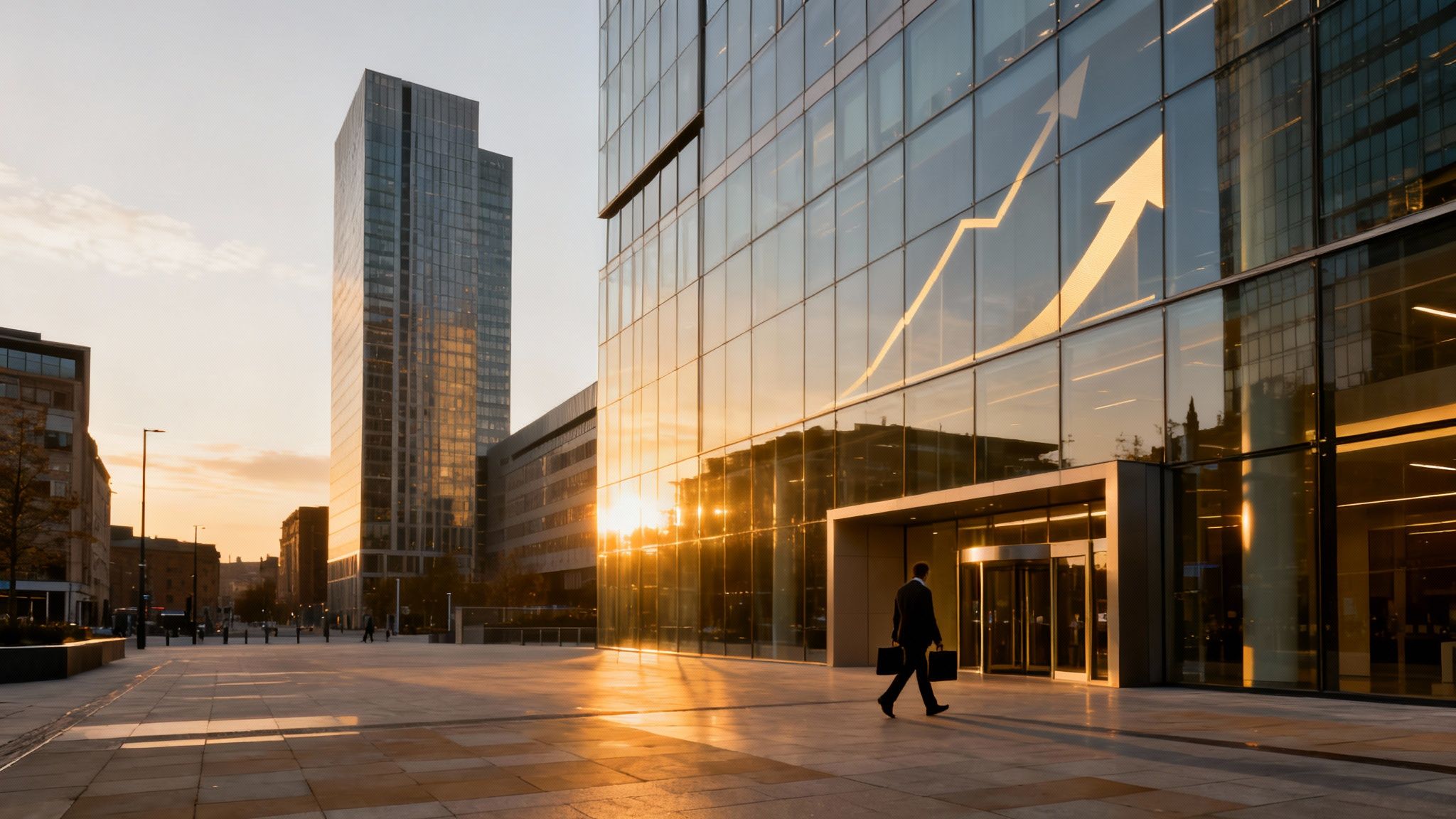 Businessman walks past a modern glass building with a large upward arrow graphic at sunset.