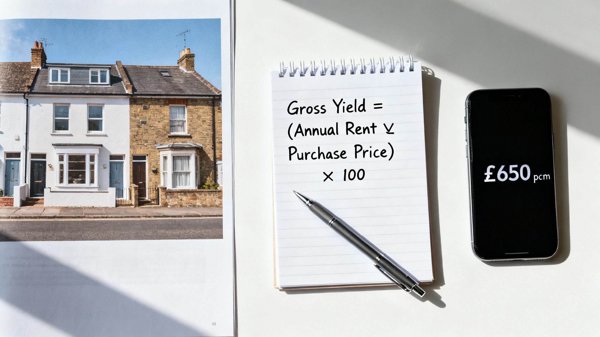 A real estate investment scene with houses, a gross yield formula, and monthly rent on a phone.