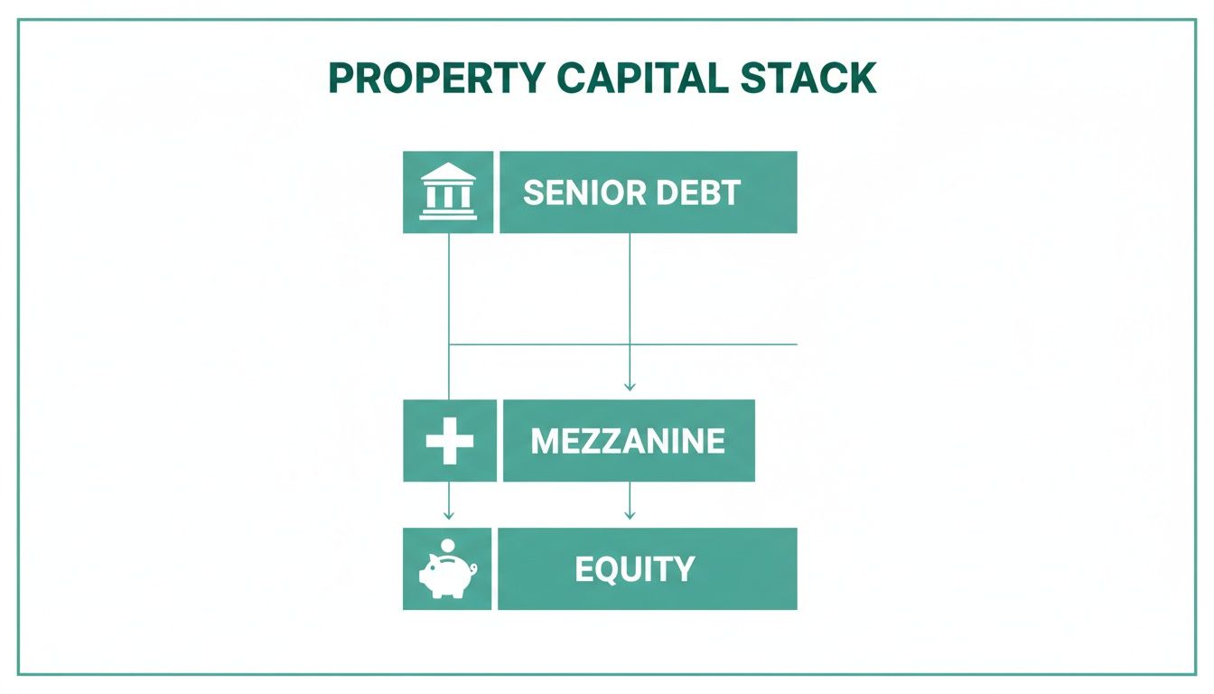 A diagram illustrating the property capital stack, showing senior debt, mezzanine, and equity layers.