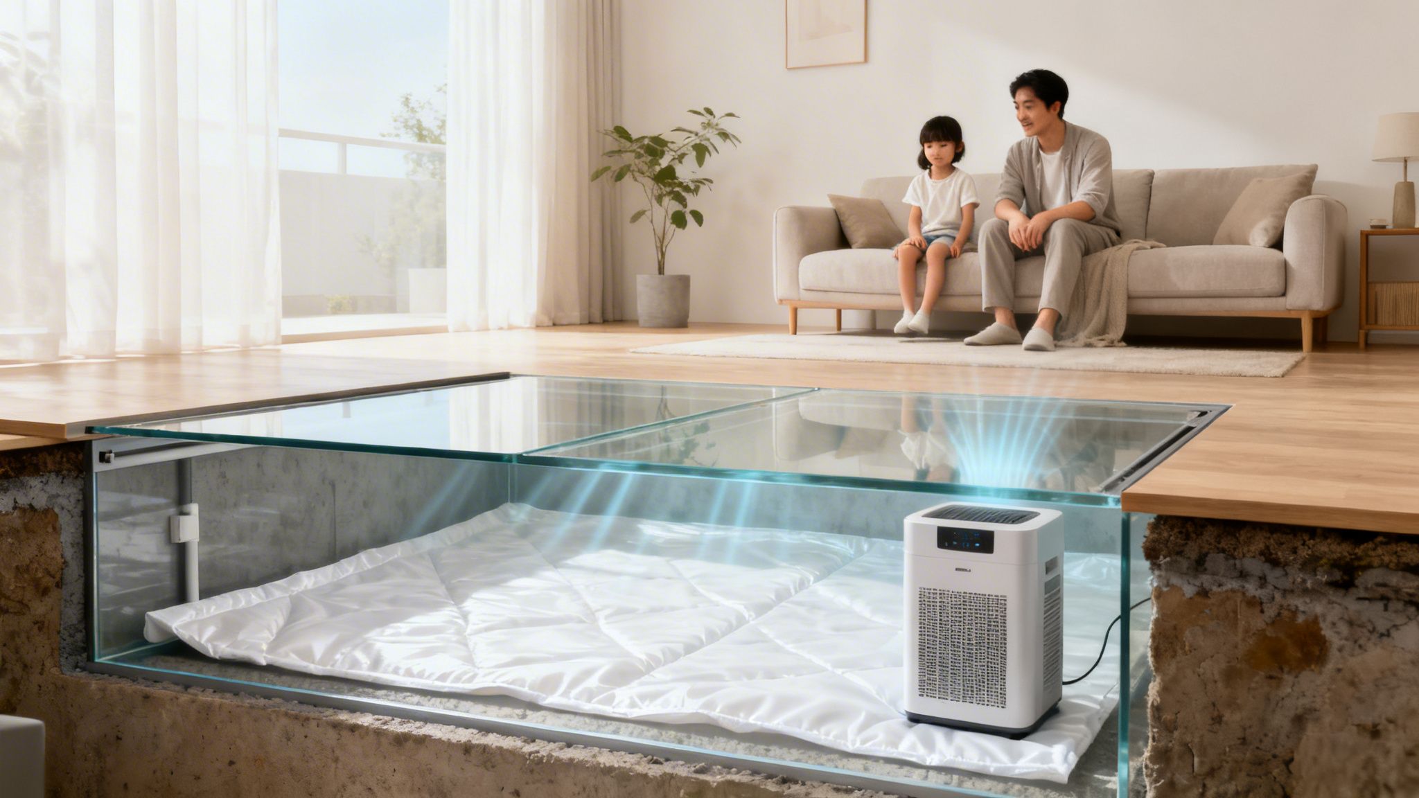 Family in a modern home with a transparent floor revealing an encapsulated crawl space and air purifier.