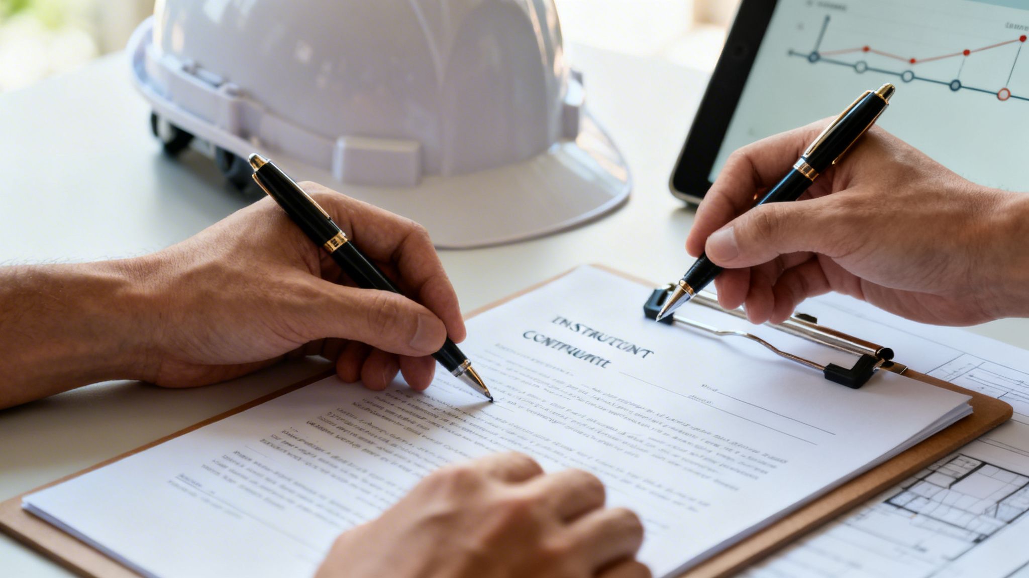Two people are signing a contract on a table with pens, a hard hat and tablet visible.