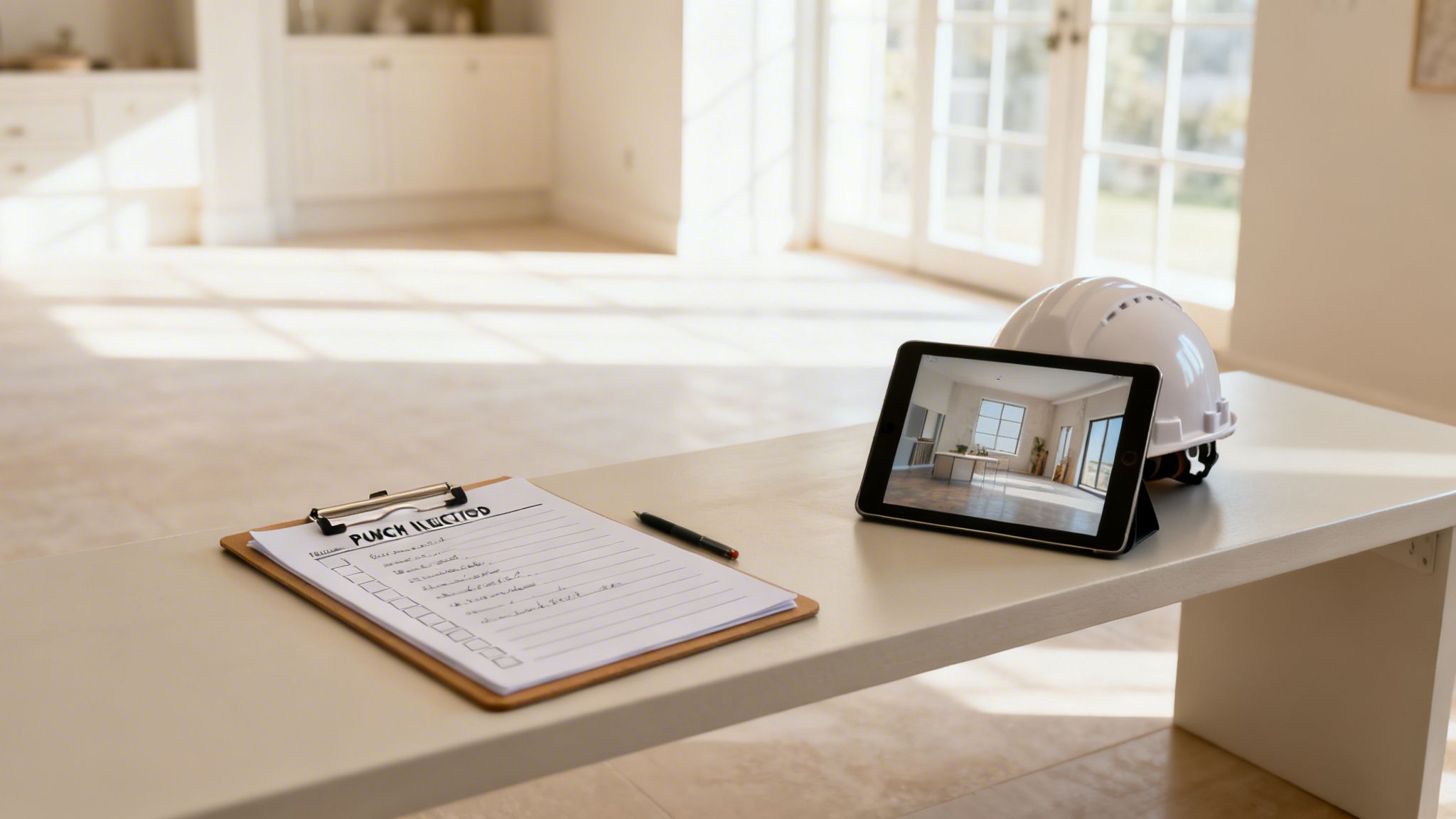 A clipboard with a 'Punch List', pen, tablet displaying a room, and a hard hat on a white bench.