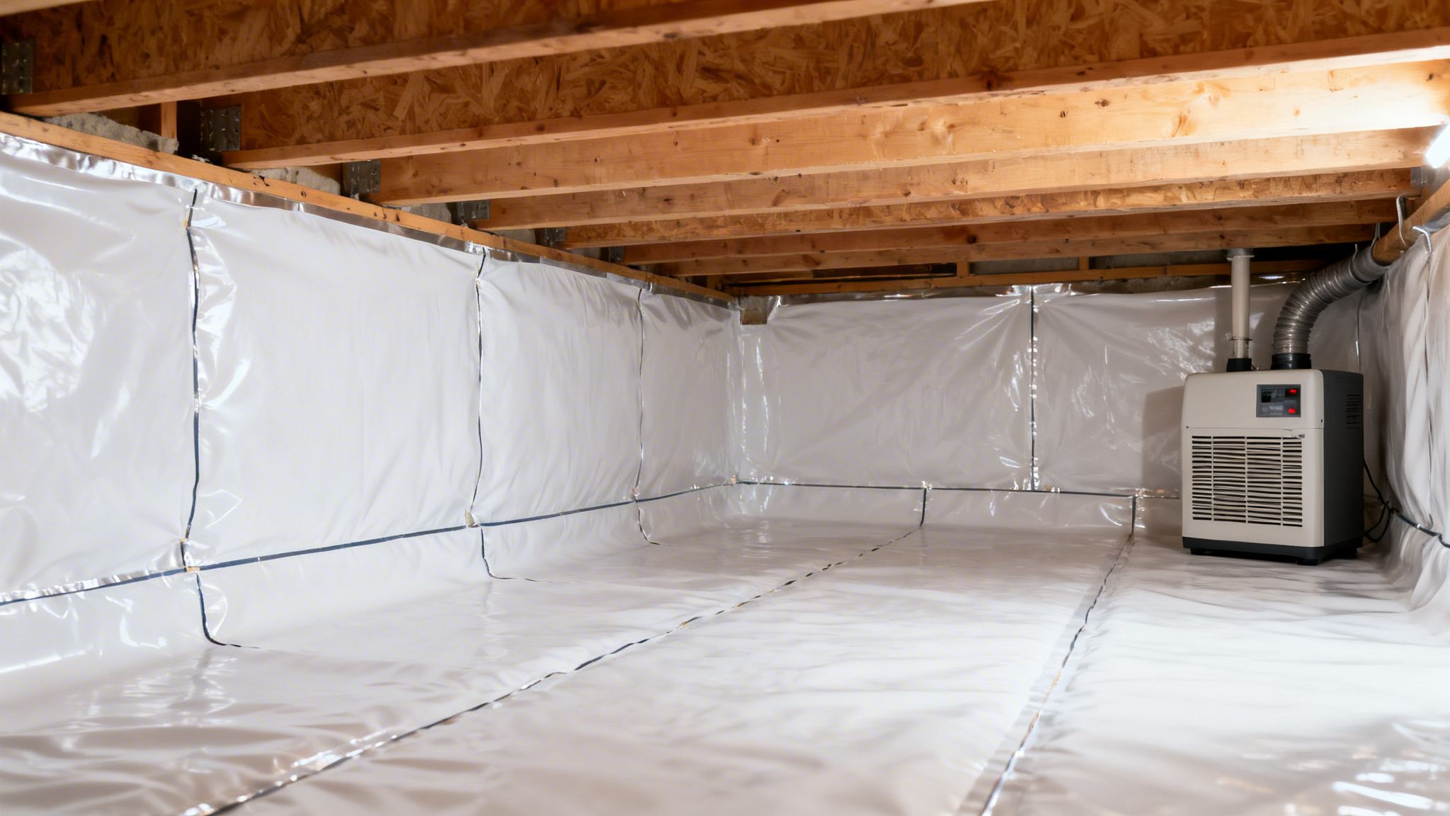 A clean, encapsulated crawl space with white vapor barrier, exposed wooden beams, and a dehumidifier.