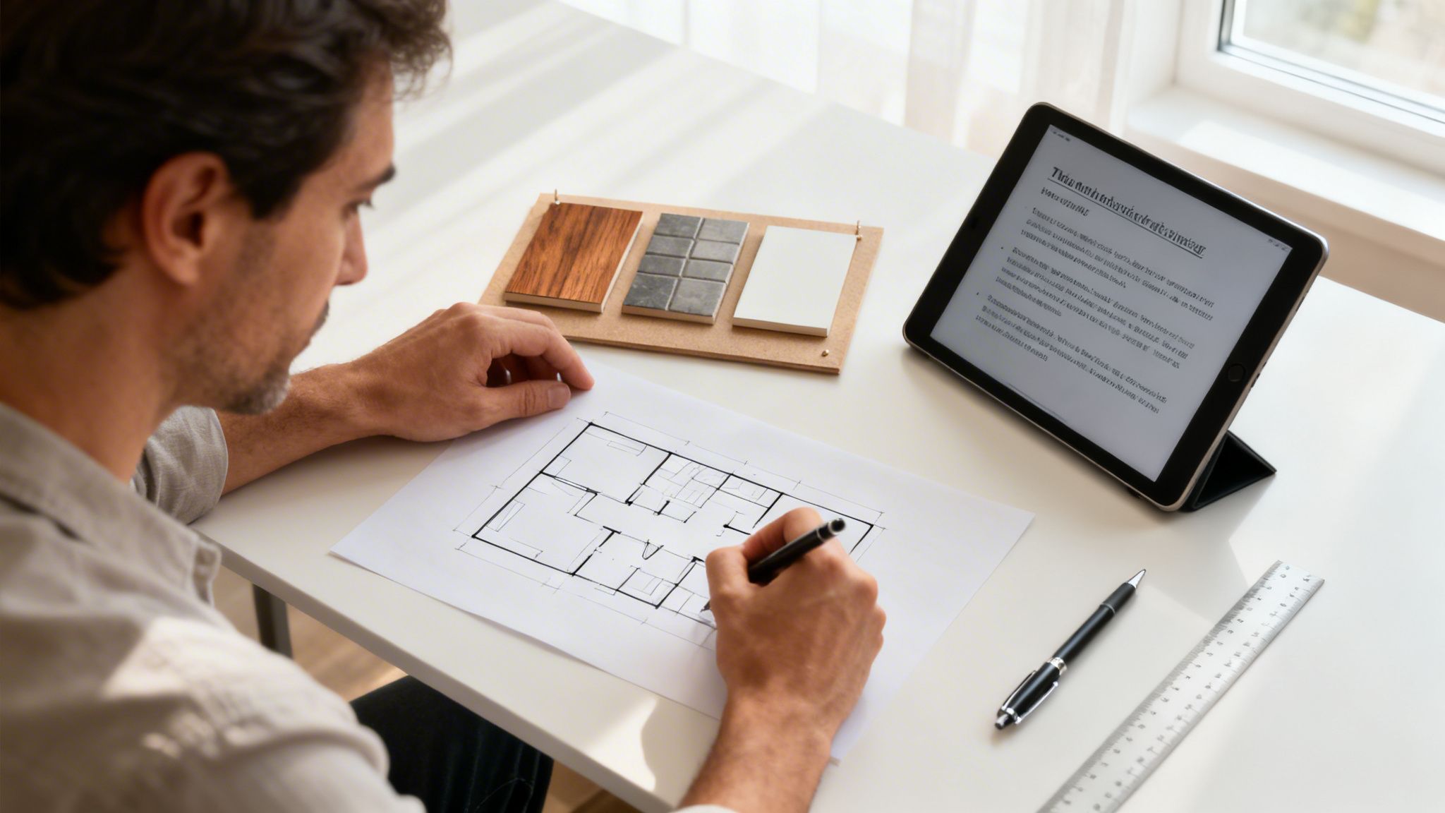 A man in a light shirt drawing a detailed floor plan on paper with a pen, surrounded by construction material samples and a tablet displaying text on a desk.