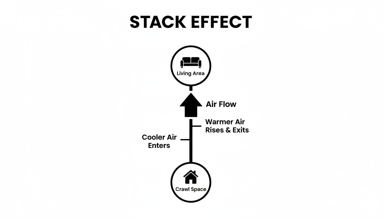 Diagram illustrating the stack effect, showing cooler air entering a crawl space and warmer air rising towards the living area.