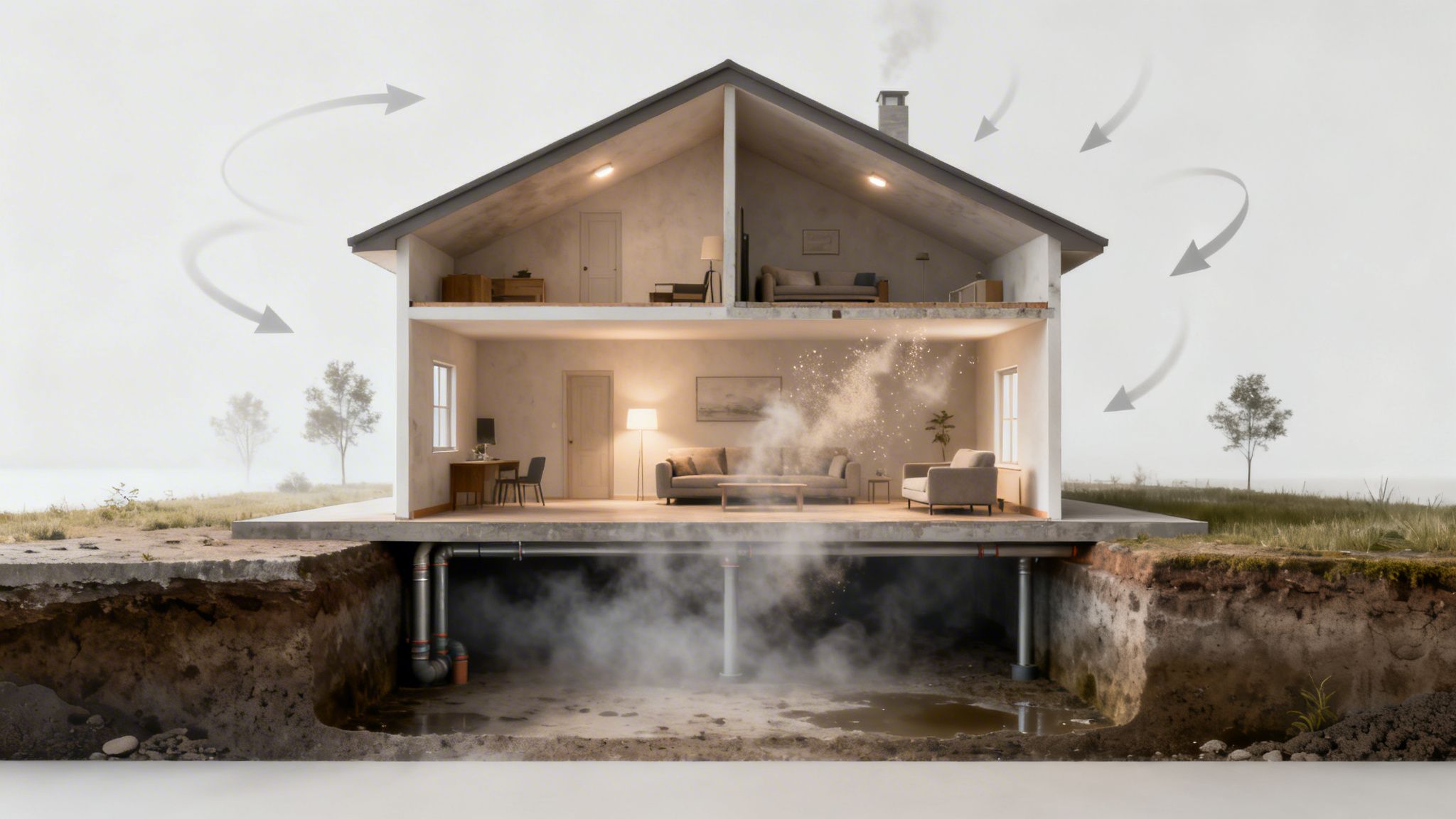 Pollutants rise from a damp crawl space into a home, showing poor indoor air quality.