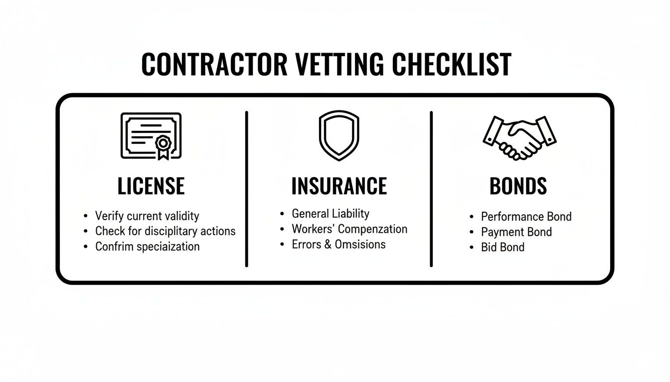 A contractor vetting checklist detailing requirements for license, insurance, and bonds with specific items for each.