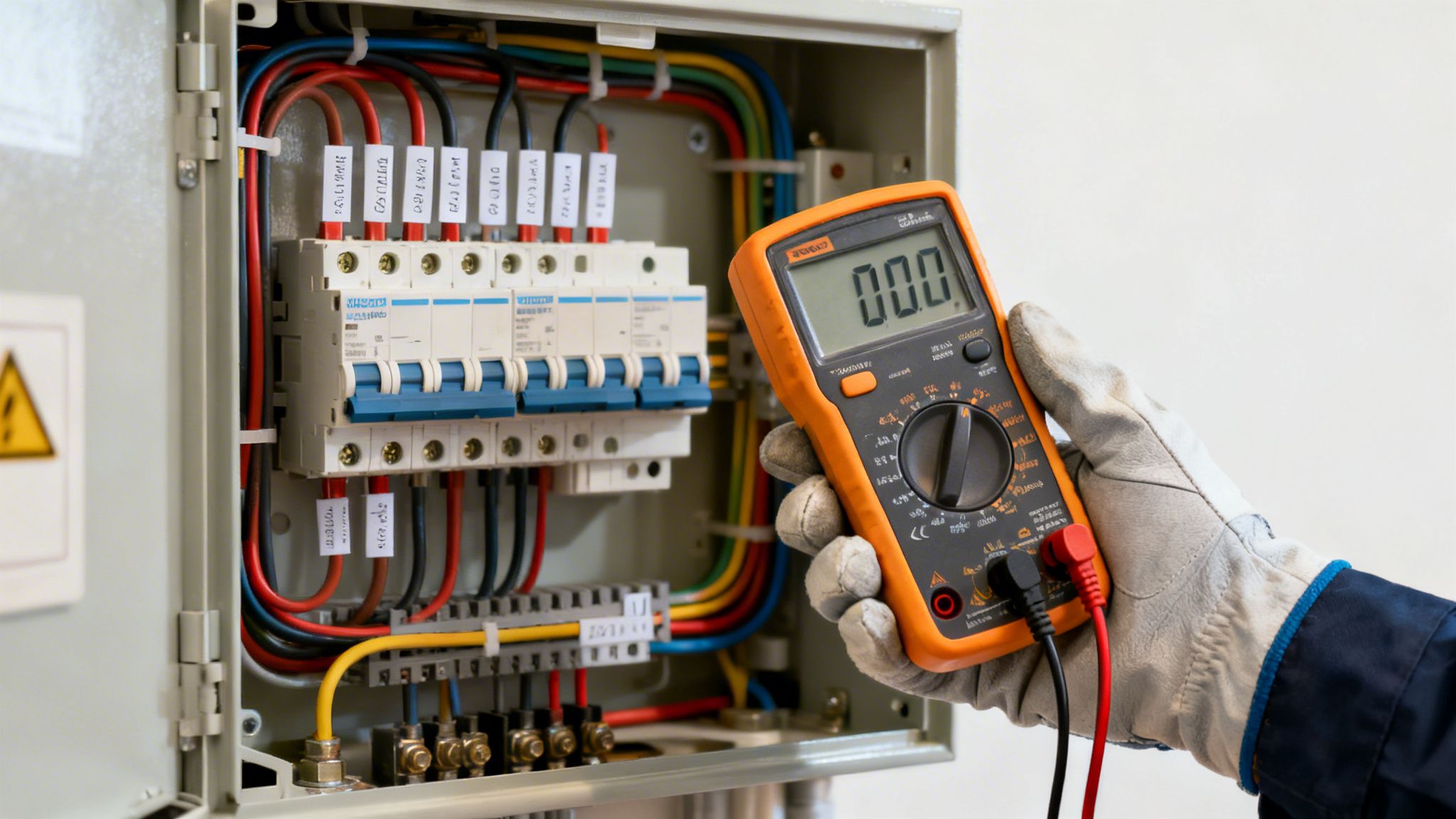 Gloved hand holding a digital multimeter checking an electrical panel with circuit breakers.