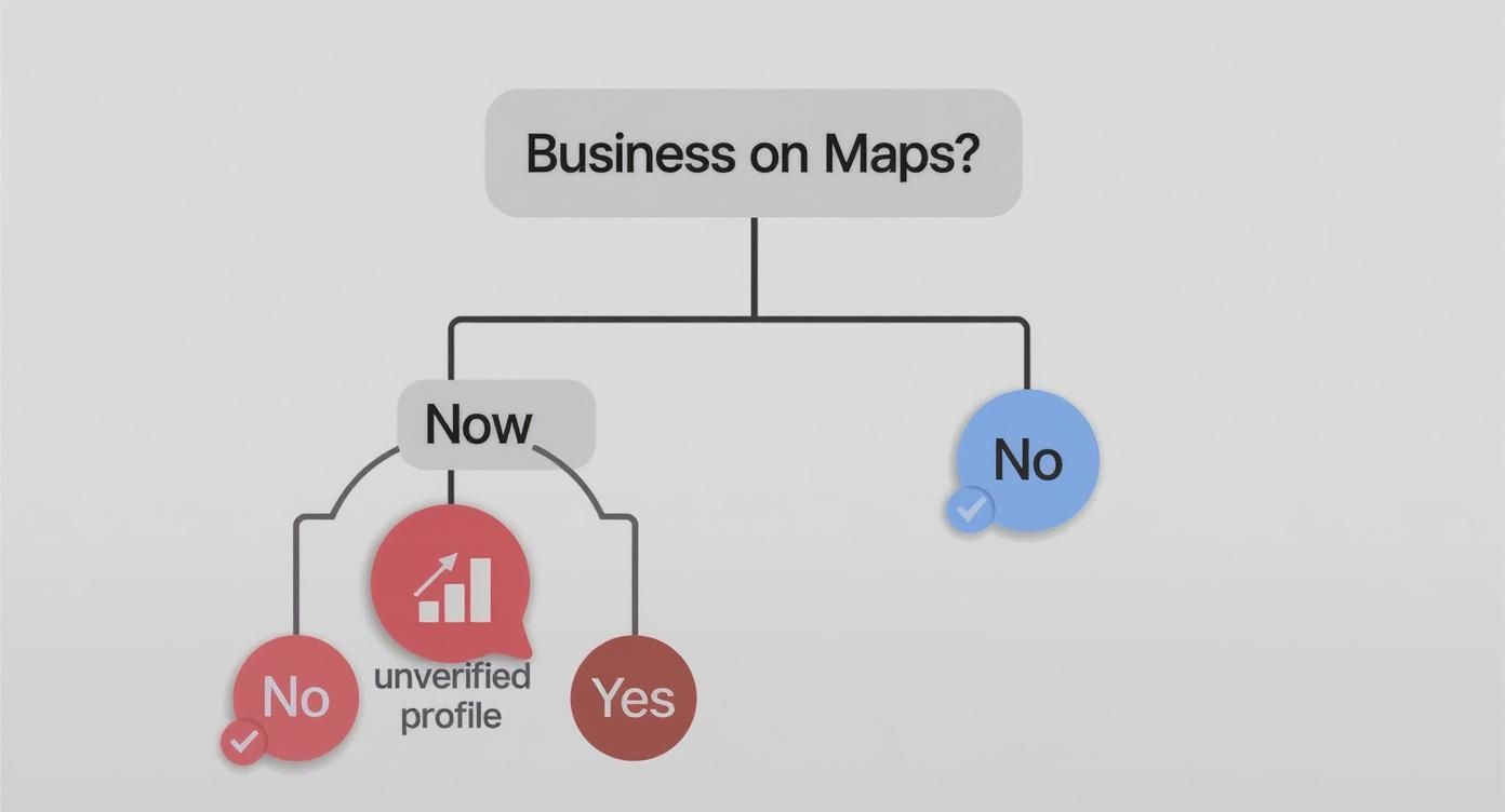 Flowchart illustrating the status of a business on Maps, including unverified and verified profiles.